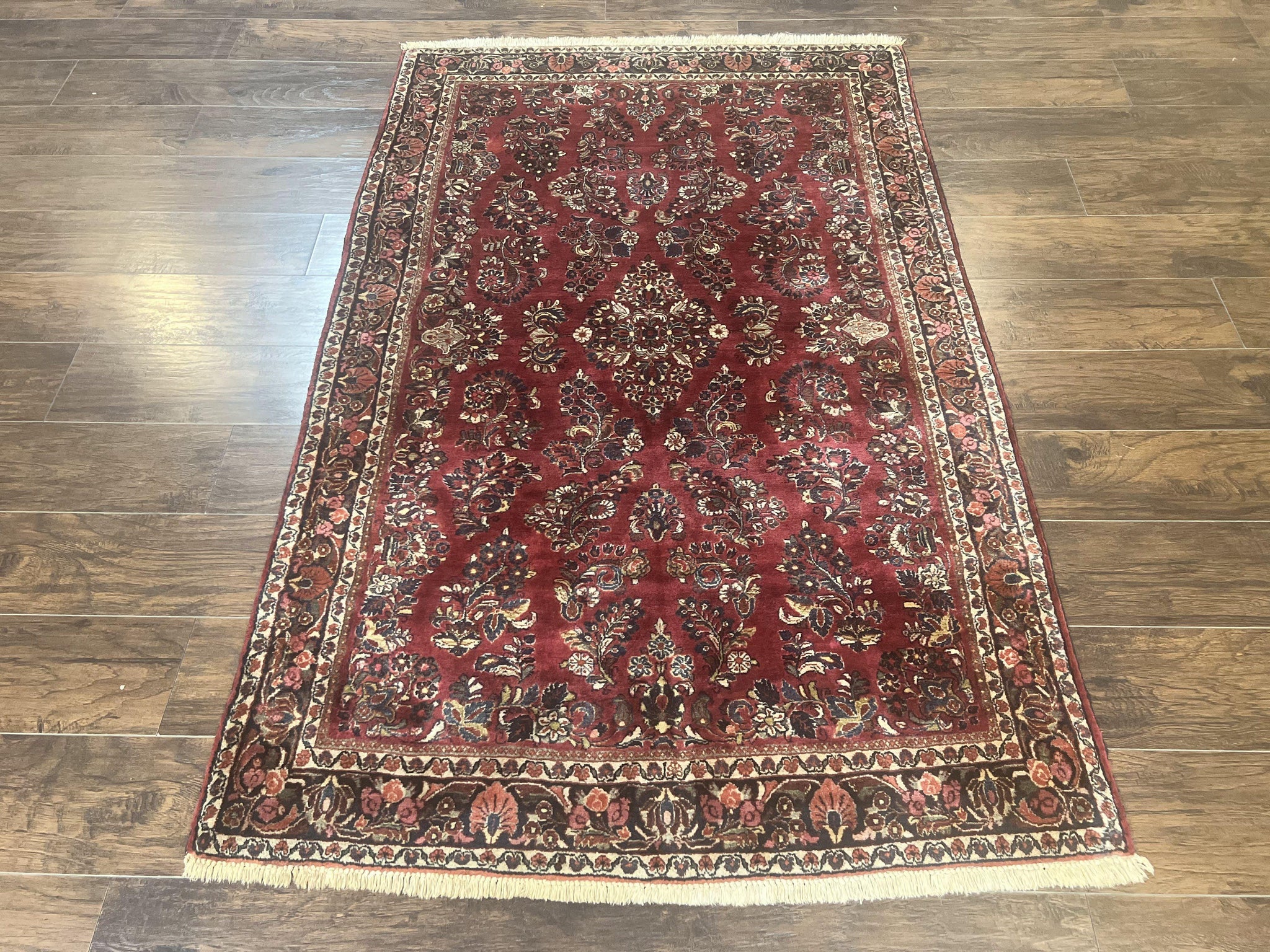 Antique Persian Sarouk Rug 4x7, Hand Knotted Wool Red Persian Carpet, Floral by Jewel Rugs