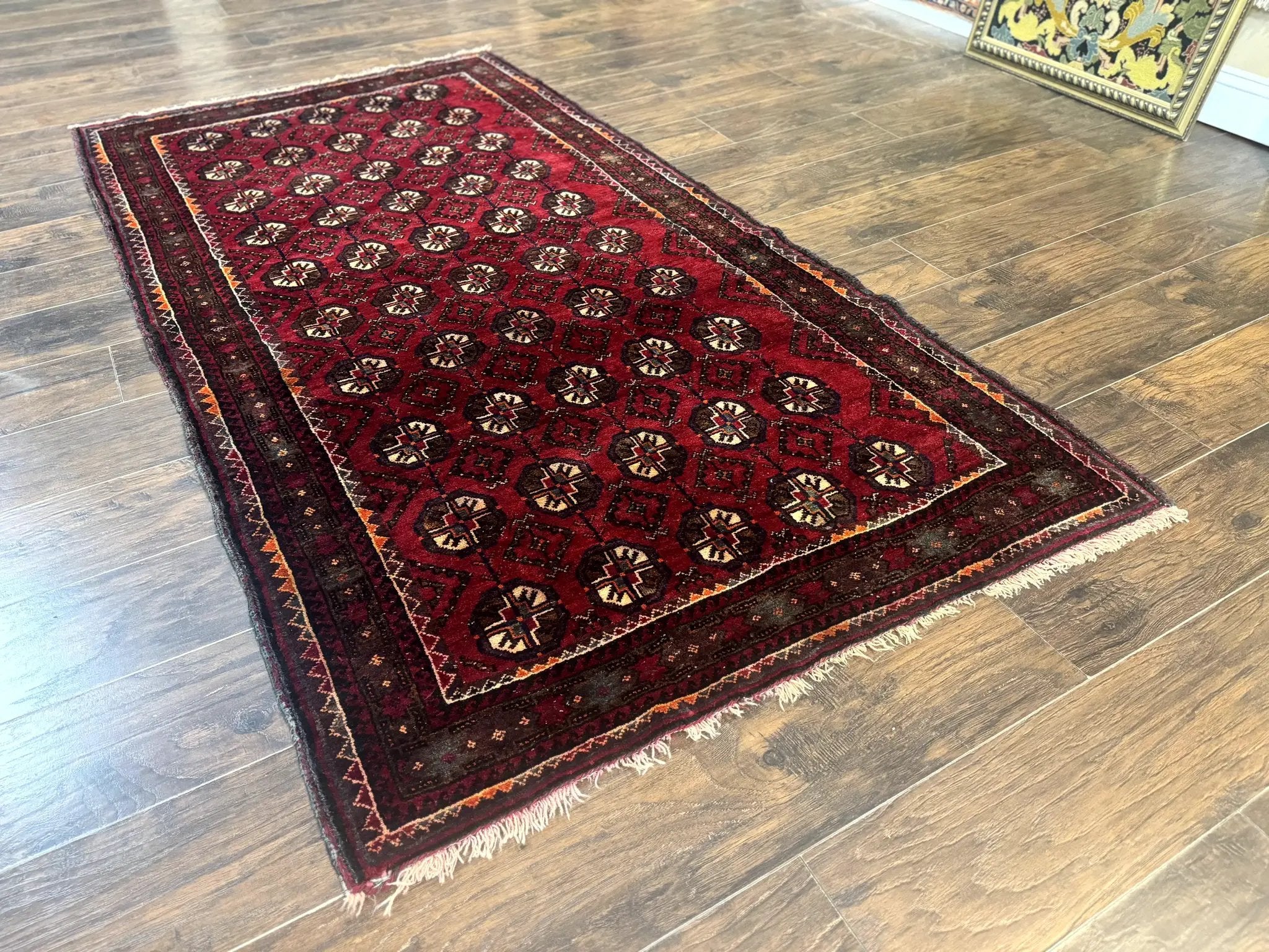 Persian Turkoman Tribal Rug 4x8, Handmade Vintage Wool Carpet, Red, Bohemian Rug by Jewel Rugs