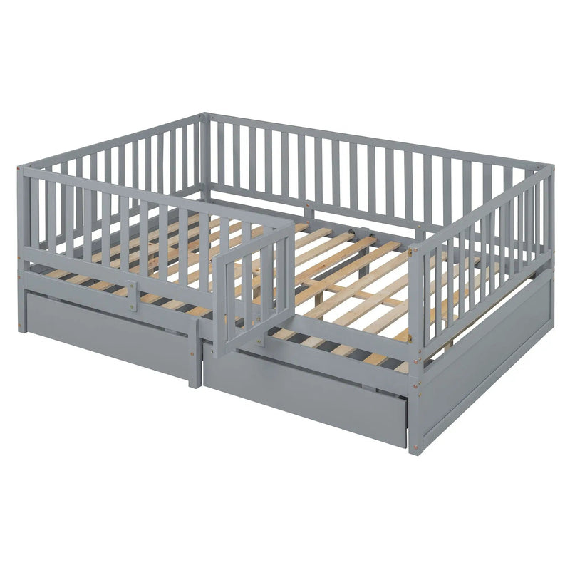 Daybed With Fence Guardrails And 2 Drawers, Split Into Independent Floor Bed & Daybed by HouseOfZazla