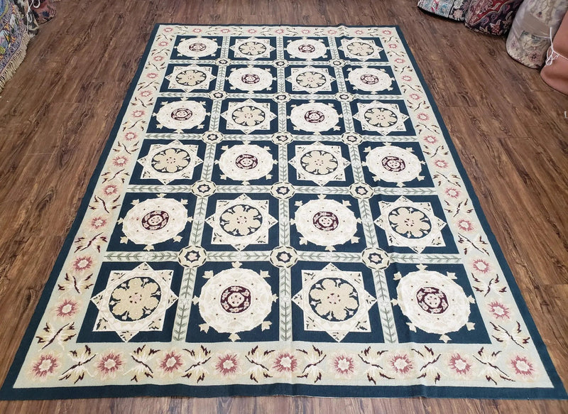 Vintage Chinese Needlepoint Rug 6x9, Panel Design Area Rug Wool Hand-Woven Black & Ivory Carpet Flat Weave Bedroom Rug 6 x 9 Living Room Rug by Jewel Rugs