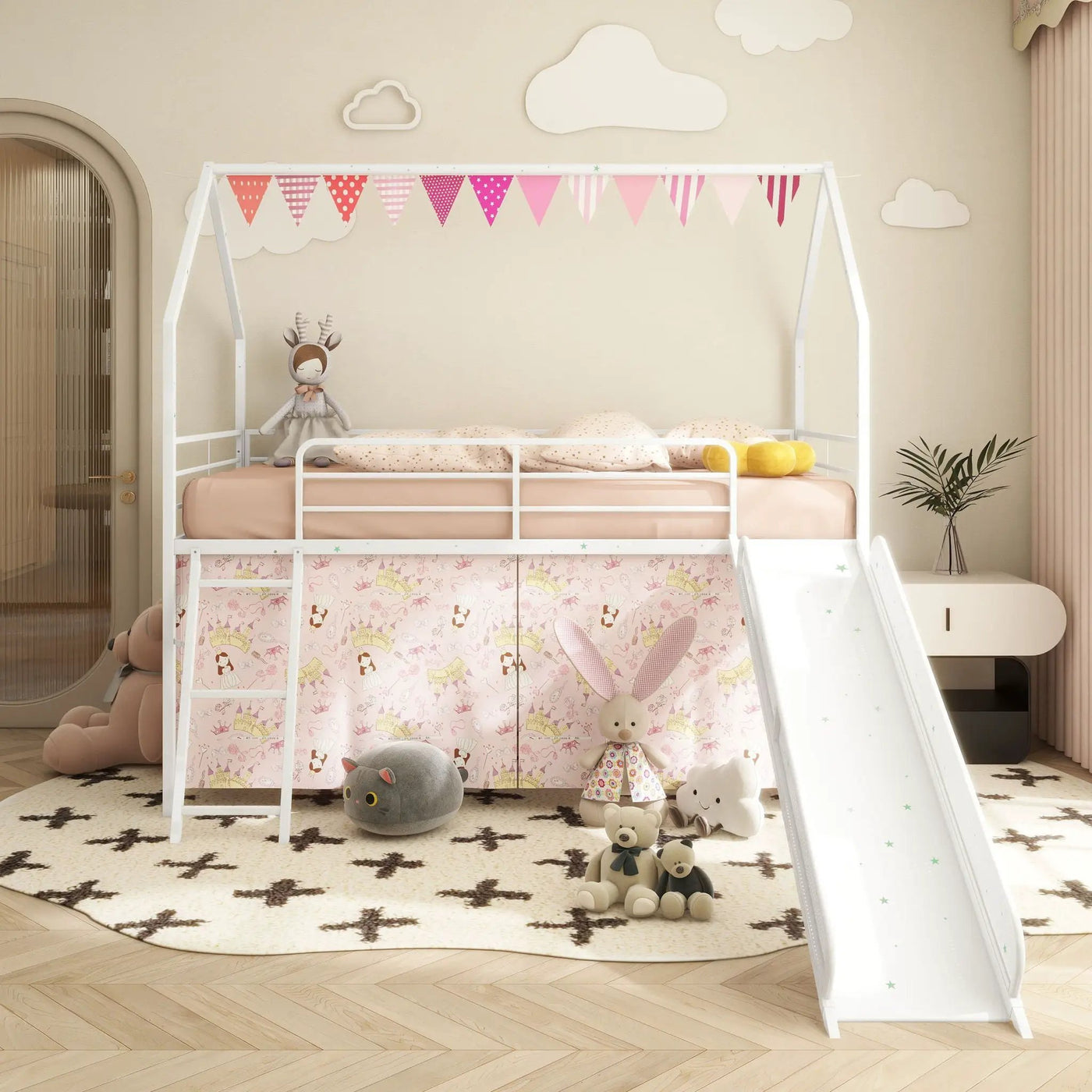 Jack - House Loft Bed With Slide And Curtain Set by HouseOfZazla