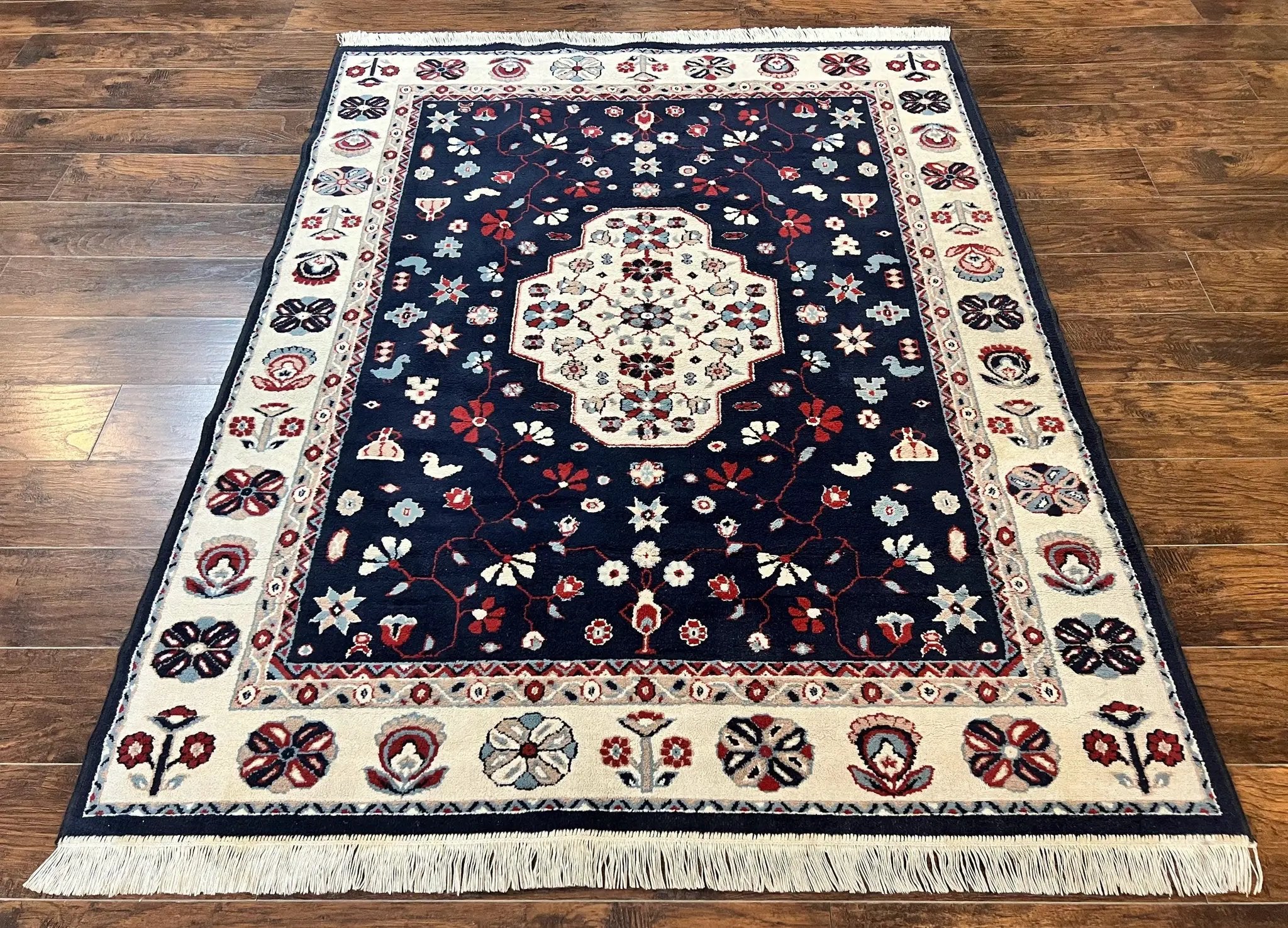 Belgium Power Loomed Rug 5.6 x 7, Navy Blue and Ivory, Heriz Pattern, Vintage Oriental Carpet by Jewel Rugs