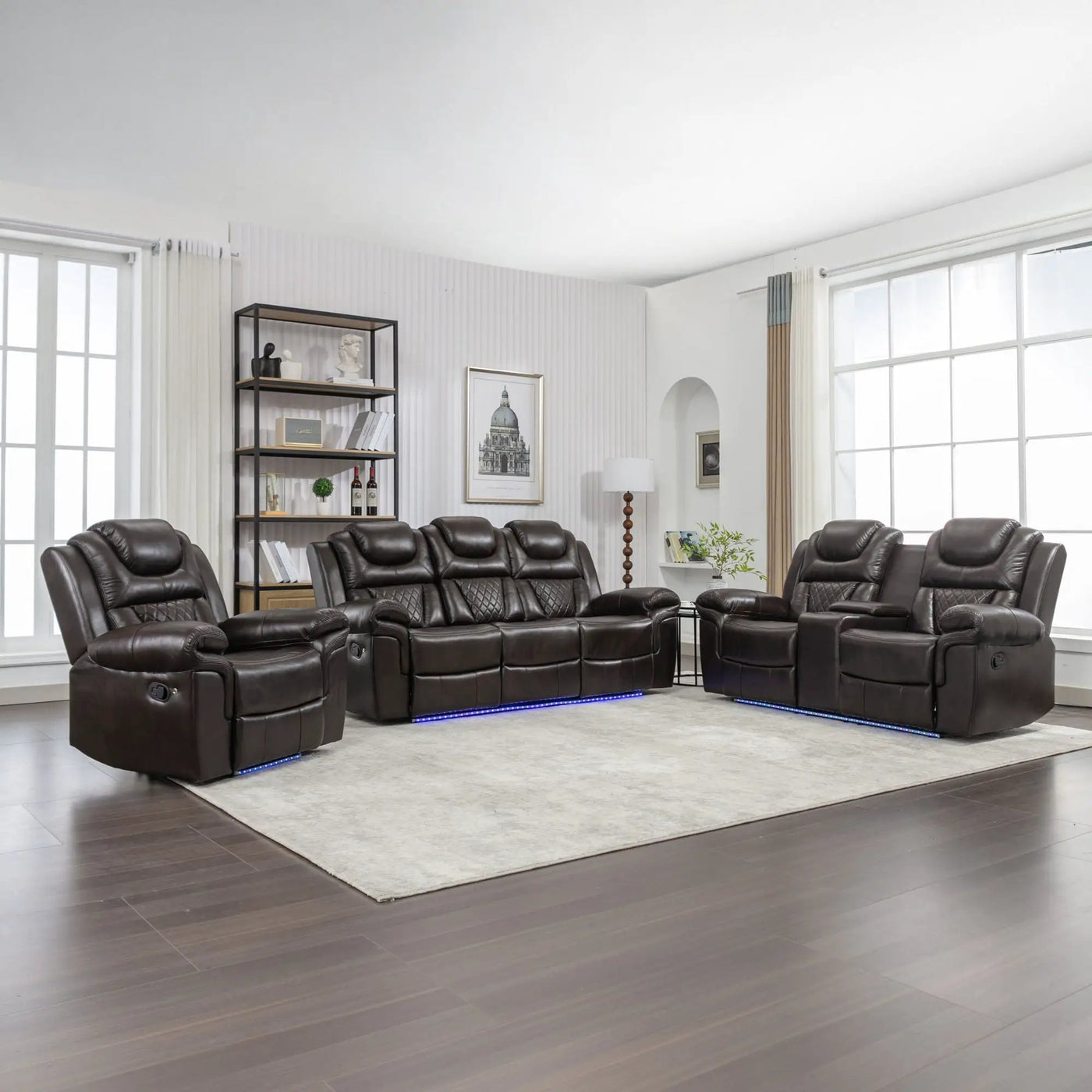 3 Pieces Recliner Sofa Sets Home Theater Seating Manual Recliner Chair With Center Console And LED Light Strip For Living Room by Unique Piece Furniture