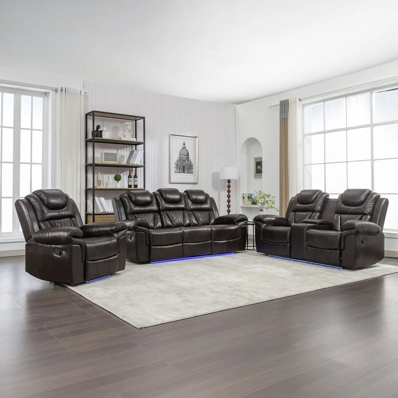 3 Pieces Recliner Sofa Sets Home Theater Seating Manual Recliner Chair With Center Console And LED Light Strip For Living Room by Unique Piece Furniture