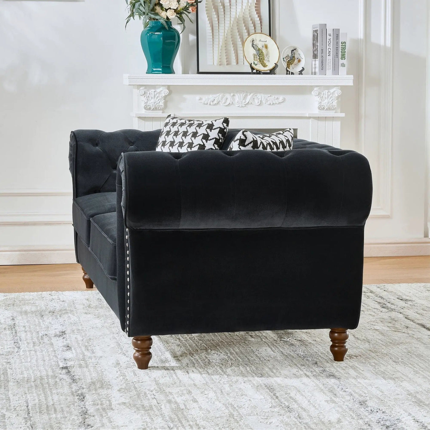 Chesterfield Upholstery Fabric Sofa With Roll Armrest & Nailhead, Mid Century Modern 3 And 3 Seater Couch by HouseOfZazla