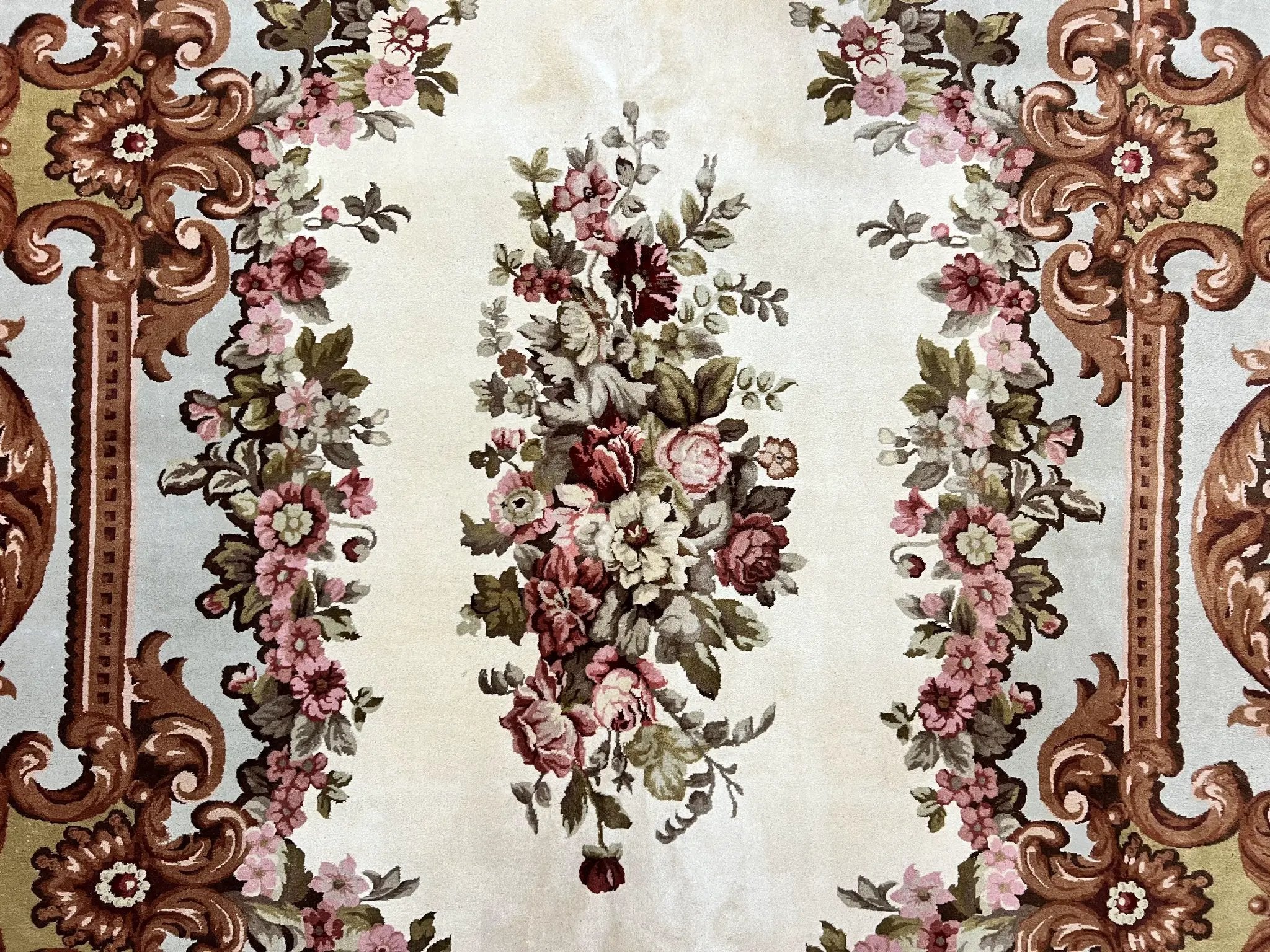 Aubusson Rug 10x13, Cream and Light Mint Green Hand Knotted Handmade French Savonnerie European Carpet, Wool Pile, Large Room Sized Vintage by Jewel Rugs