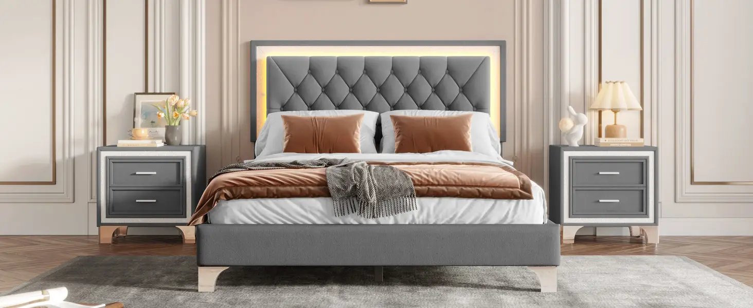 3-Pieces Bedroom Set, Queen Size Upholstered Platform Bed with LED Lights and Two Nightstands - Gray by HouseOfZazla