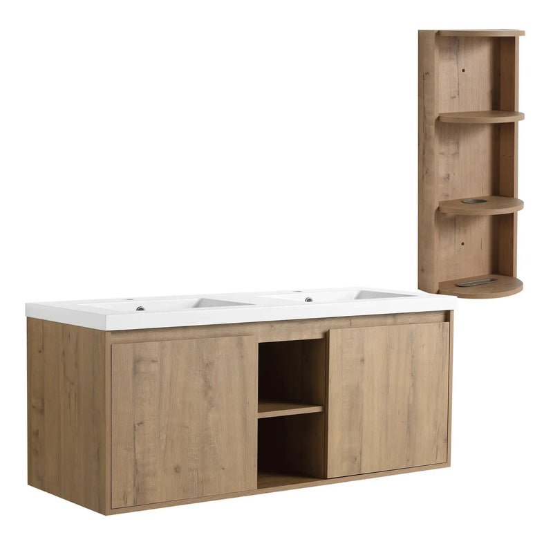 48" Wall Mounted Bathroom Vanity With Double Resin Sink And Storage Rack Soft Close Doors Plywood Construction - Imitative Oak by Unique Piece Furniture