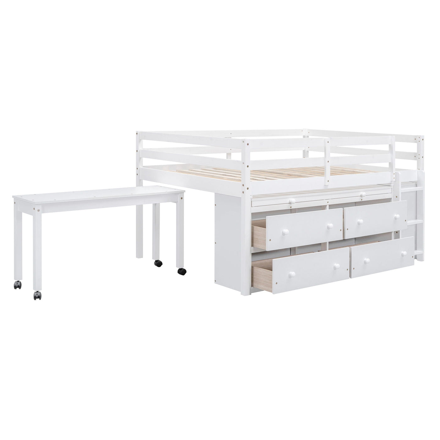 Loft Bed With Retractable Writing Desk And 4 Drawers, With Lateral Portable Desk And Shelves by Unique Piece Furniture