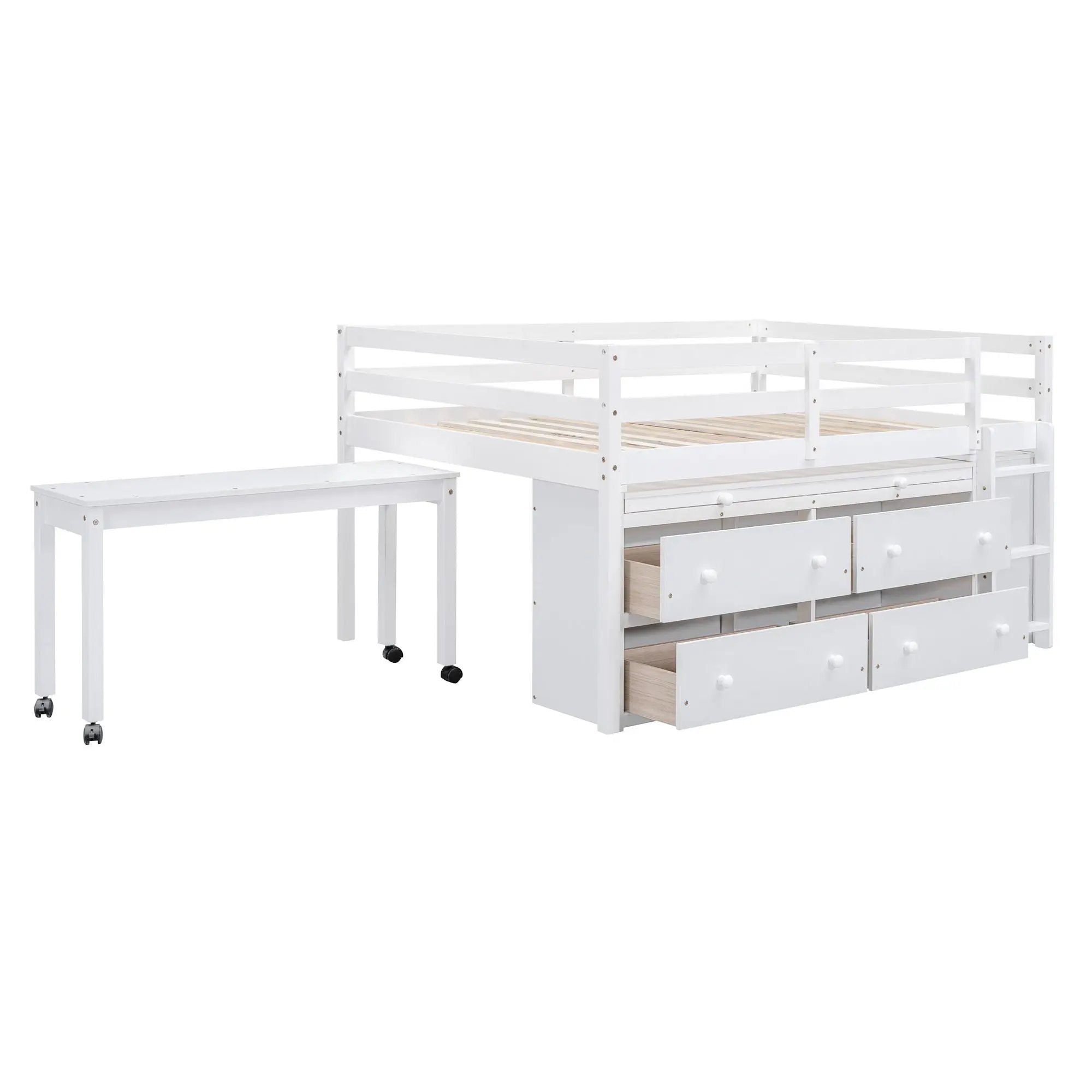 Loft Bed With Retractable Writing Desk And 4 Drawers, With Lateral Portable Desk And Shelves by HouseOfZazla