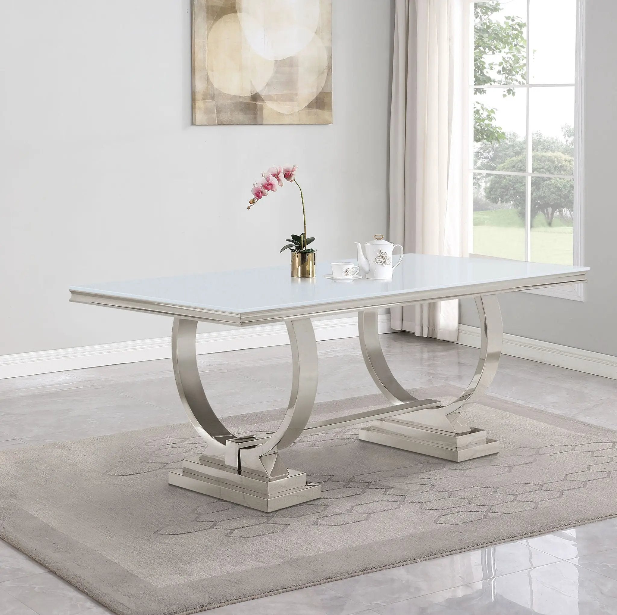 Antoine Rectangular 95-inch Glass Top Dining Table White by Unique Piece Furniture