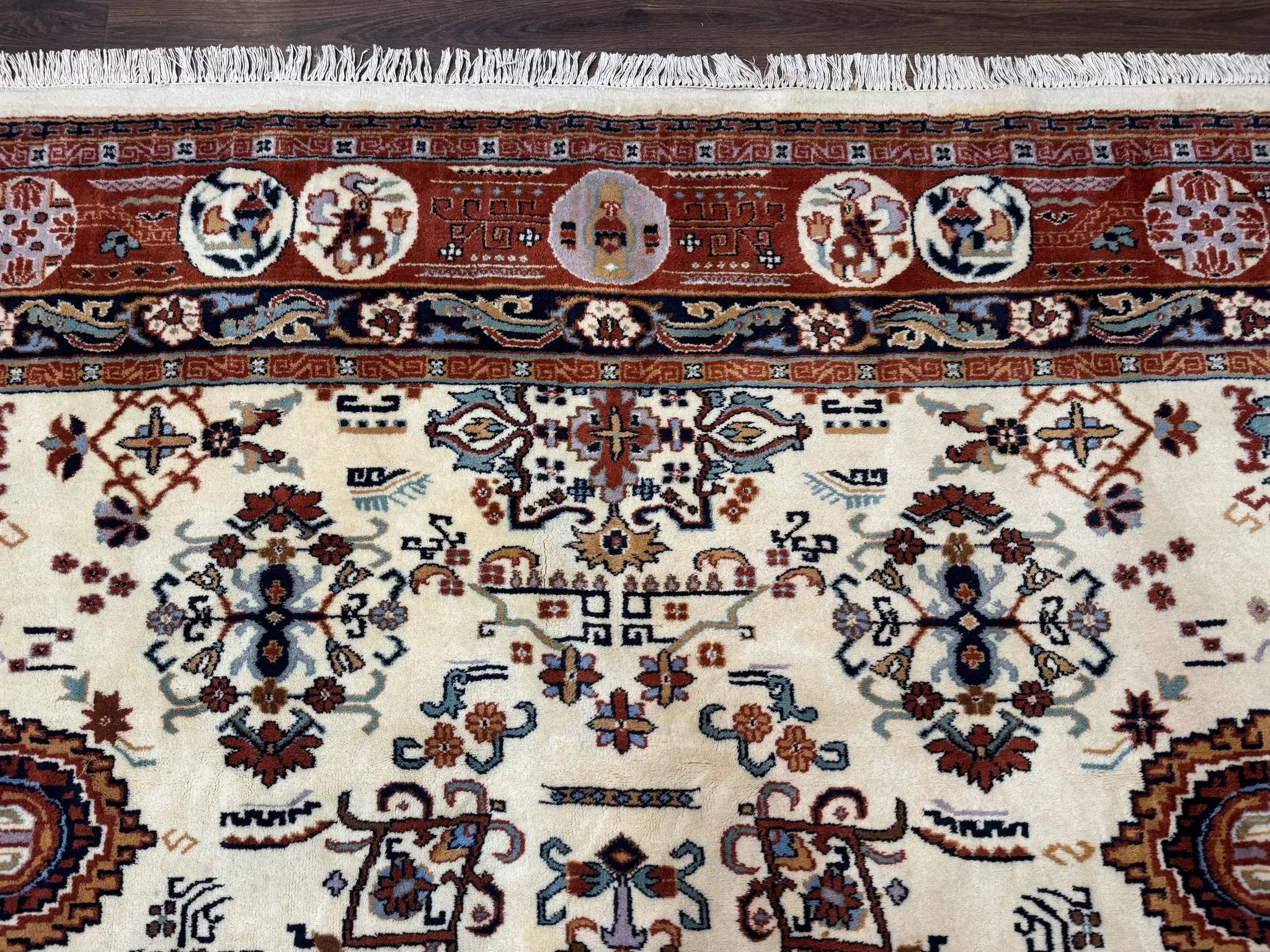 Indo Chinese Wool Rug 9x12, Ivory and Rust Red, Dragon Motifs by Jewel Rugs