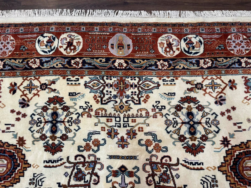 Indo Chinese Wool Rug 9x12, Ivory and Rust Red, Dragon Motifs by Jewel Rugs