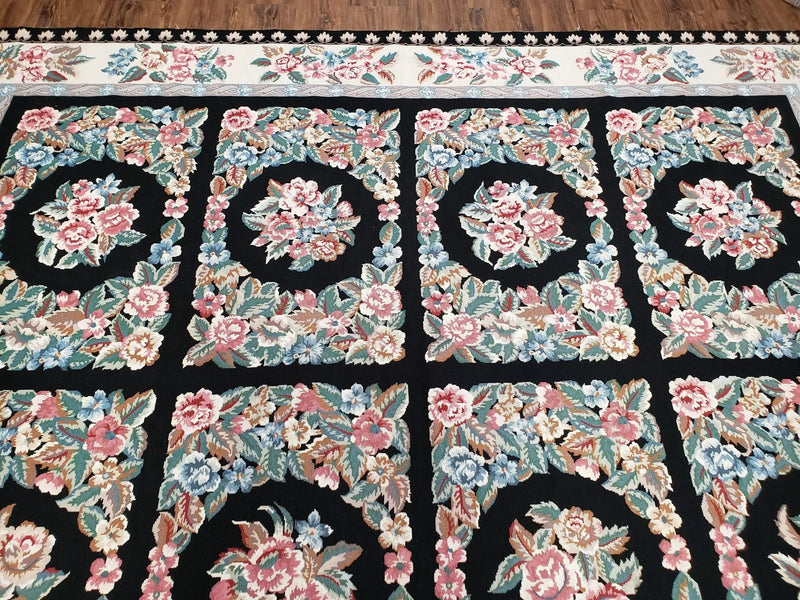 Floral Needlepoint Rug 9.5 x 13.6, Floral Panel Design, Black and Ivory Flatweave Aubusson Carpet, Multicolor by Jewel Rugs