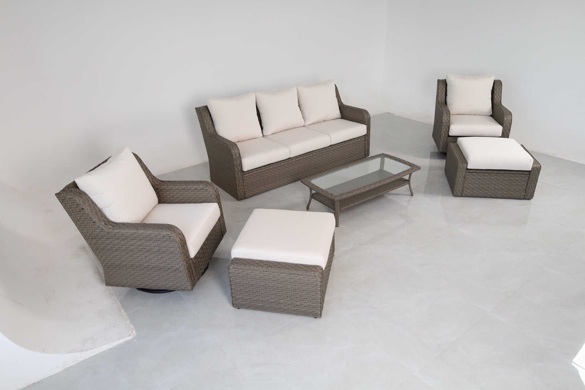 Luxury Rattan Patio Conversation Set – Includes 2 Swivel Chairs, Sofa, Coffee Table, And 2 Ottomans With Premium by HouseOfZazla