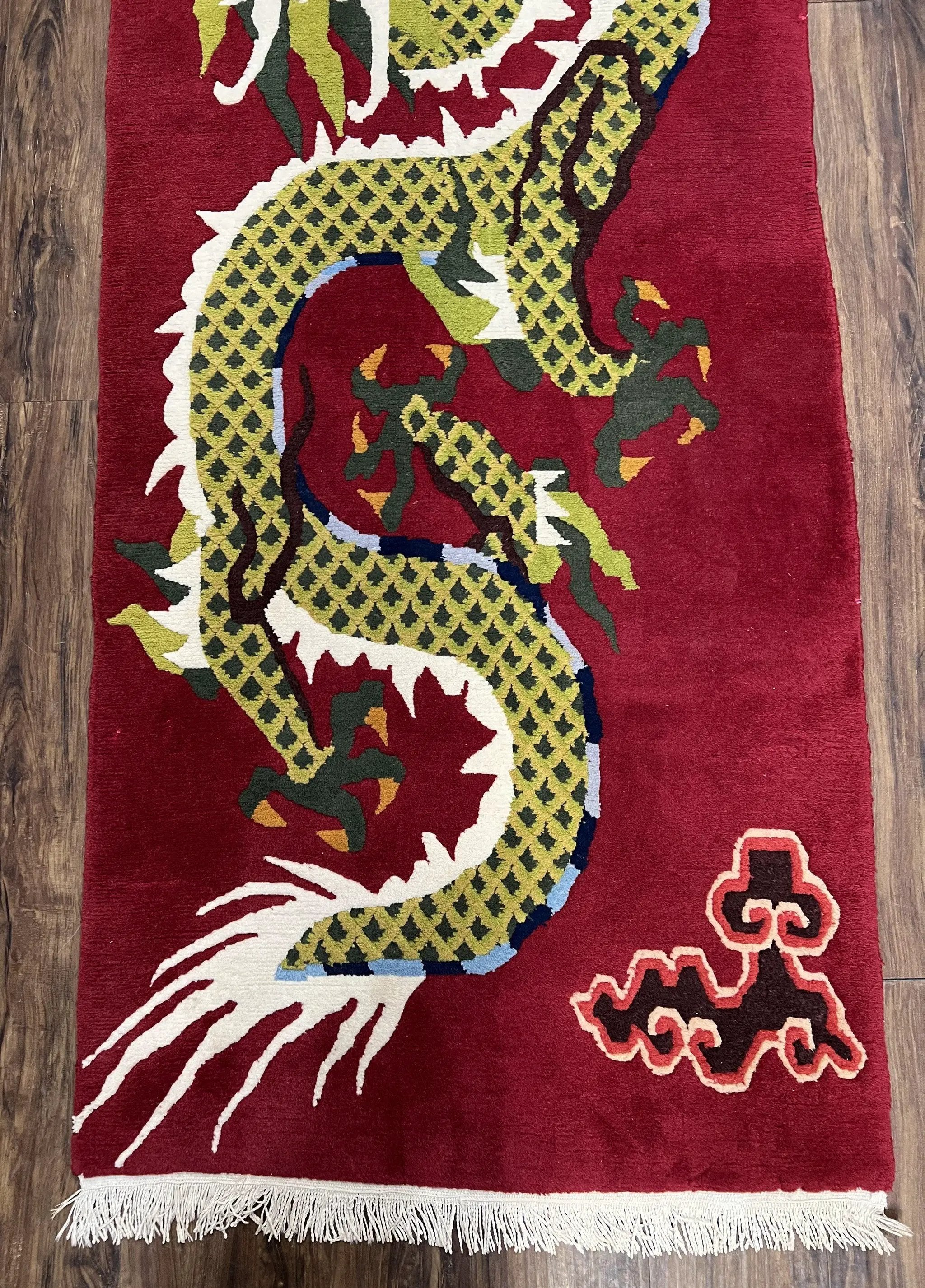 Vintage Chinese Dragon Rug 3 x 6.8, Handmade Hand Knotted Red Chinese Carpet with Gold Dragon, Art Deco Peking Soft Chinese Rug Runner by Jewel Rugs