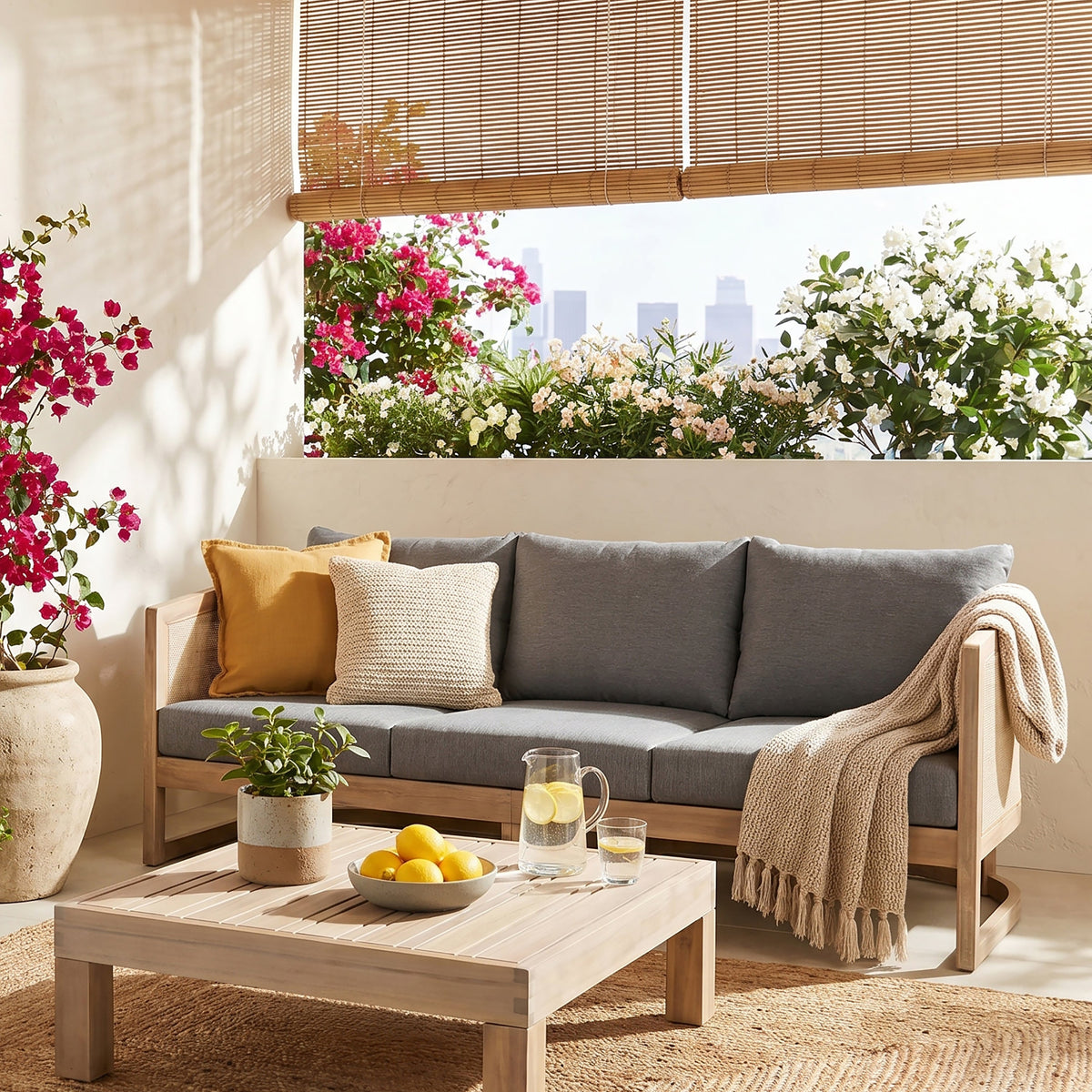 Catania Acacia 3 Seater Sofa with Water-Repellent Fabric - Grey/Light White or Teak+ Beige