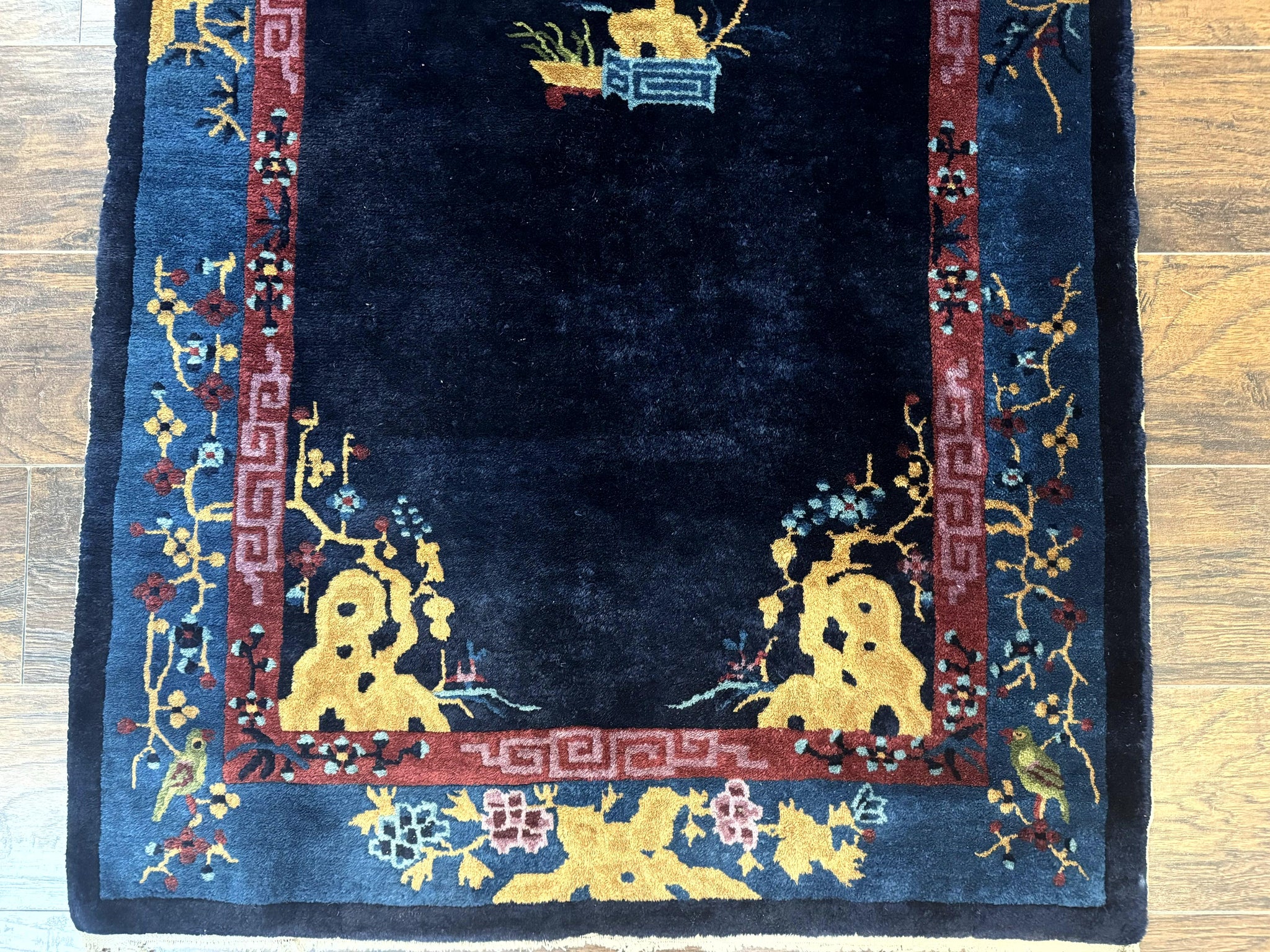 Antique Chinese Peking Rug 3x6, Dark Blue, Bird Motif, Handmade Wool Art Deco Asian Oriental Carpet, Pair A by Jewel Rugs