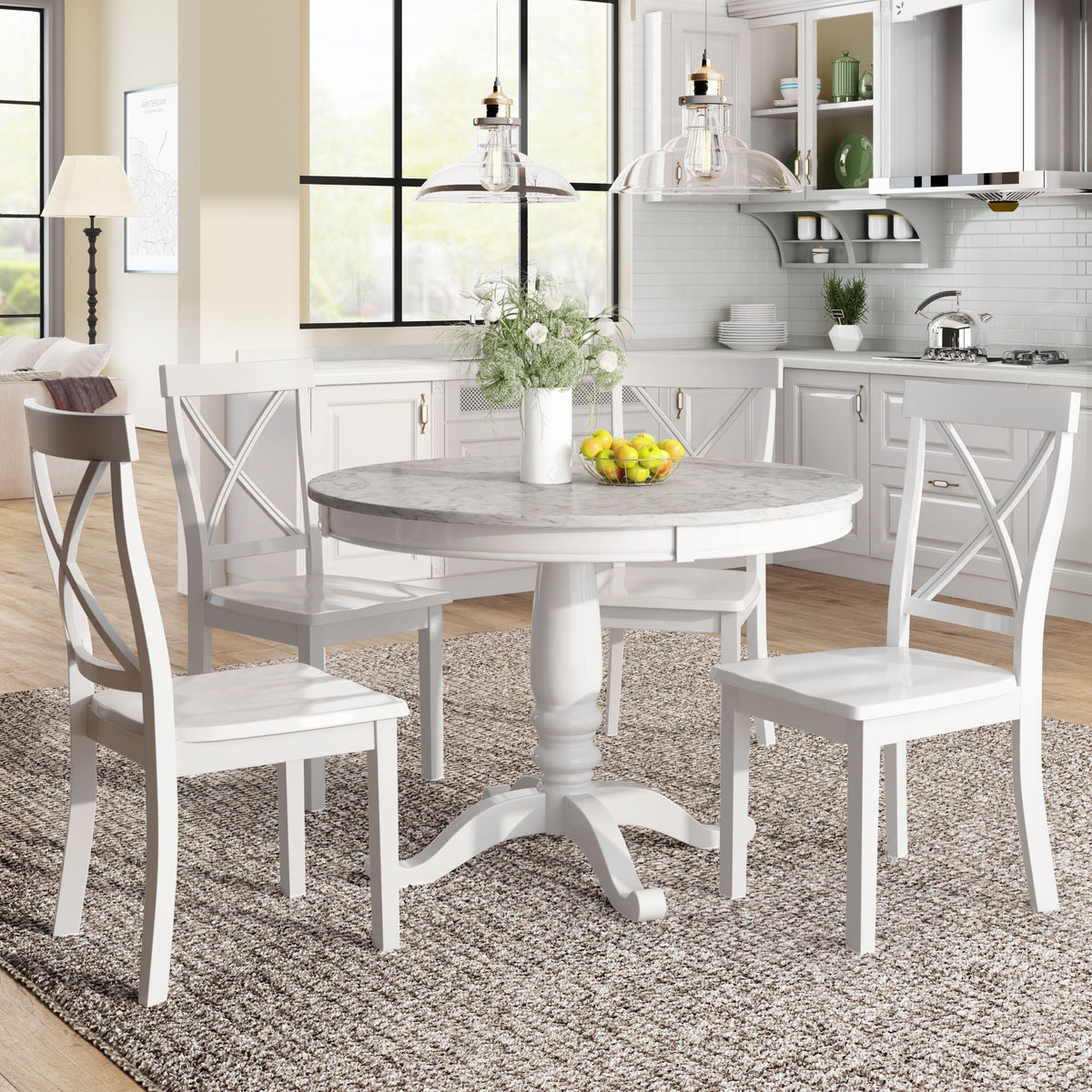 Solid Wood 5 Piece Dining Room Set with Table and 4 Chairs - White or Dark Gray