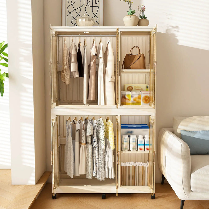Portable Wardrobe Closet Storage Organizer For Clothes, 6 Magnetic Doors With 6 Cubes & 2 Hanging Rods, 6 Hangers - Cream White by Unique Piece Furniture