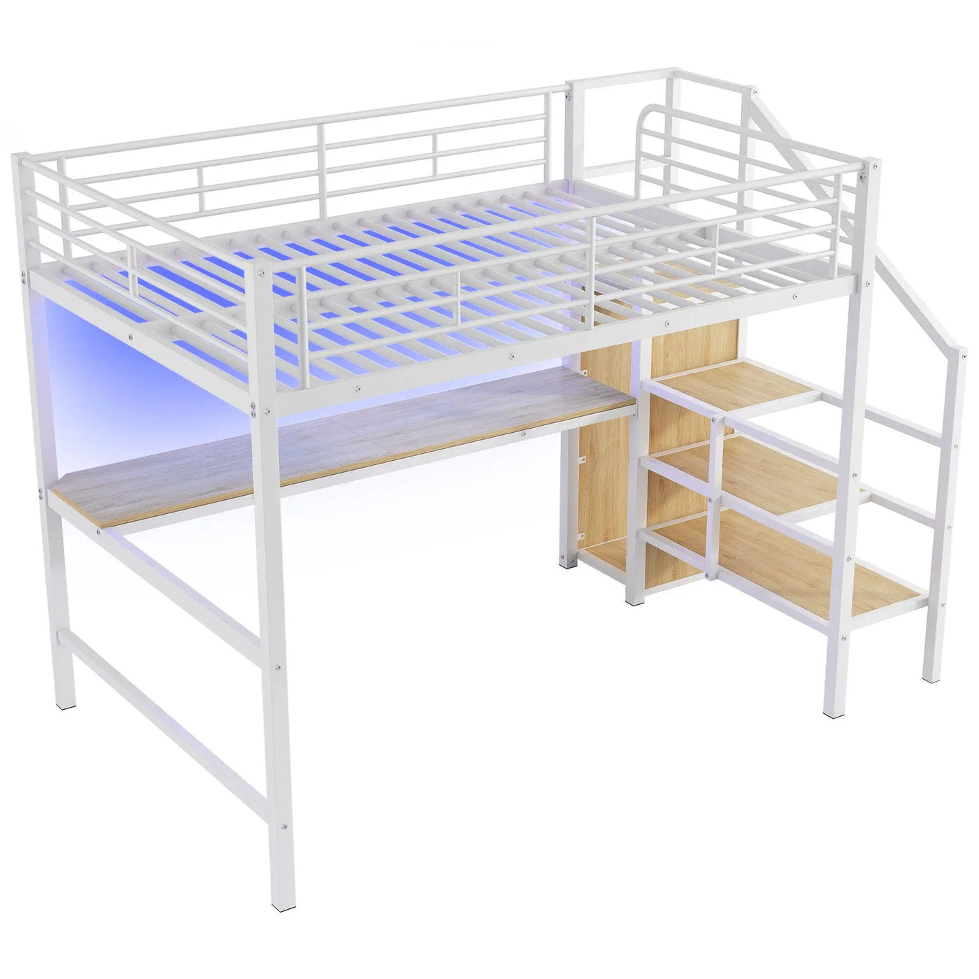 Loft Bed With Desk, Storage Staircase, Small Wardrobe And LED Light by HouseOfZazla