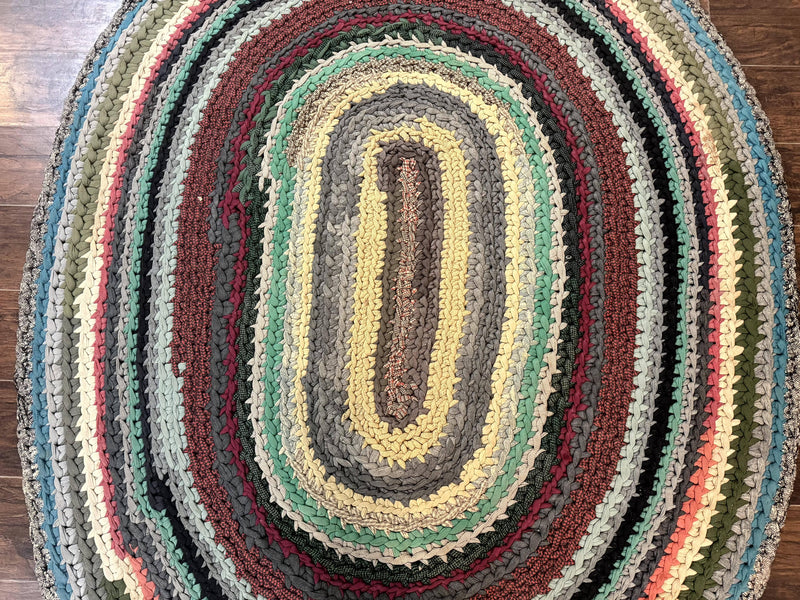 Antique American Braided Rug 5x7, Oval Multicolor Handmade Wool Braided Carpet by Jewel Rugs