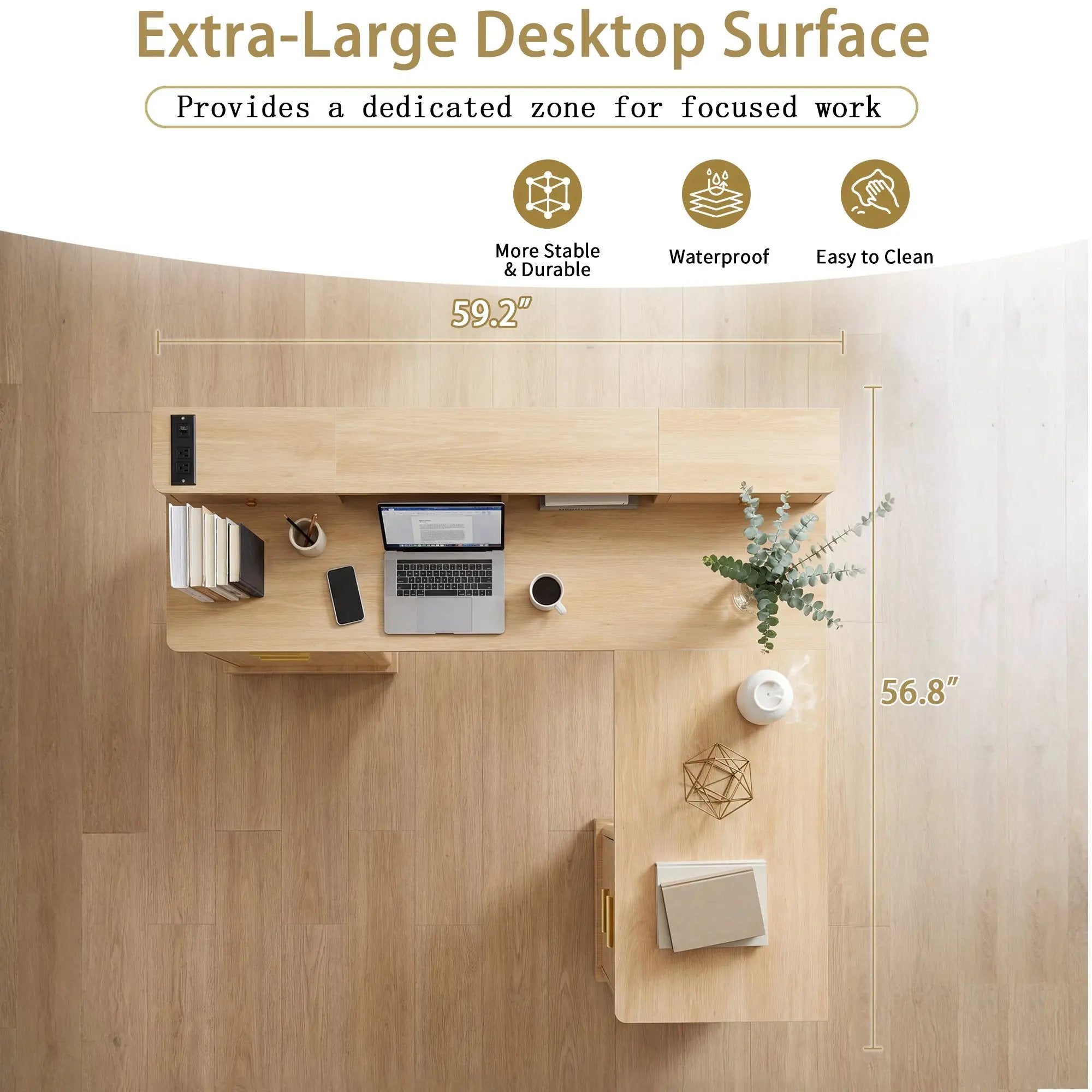59" Modern Fluted L-Shaped Desk with Charging Station & Storage by HouseOfZazla