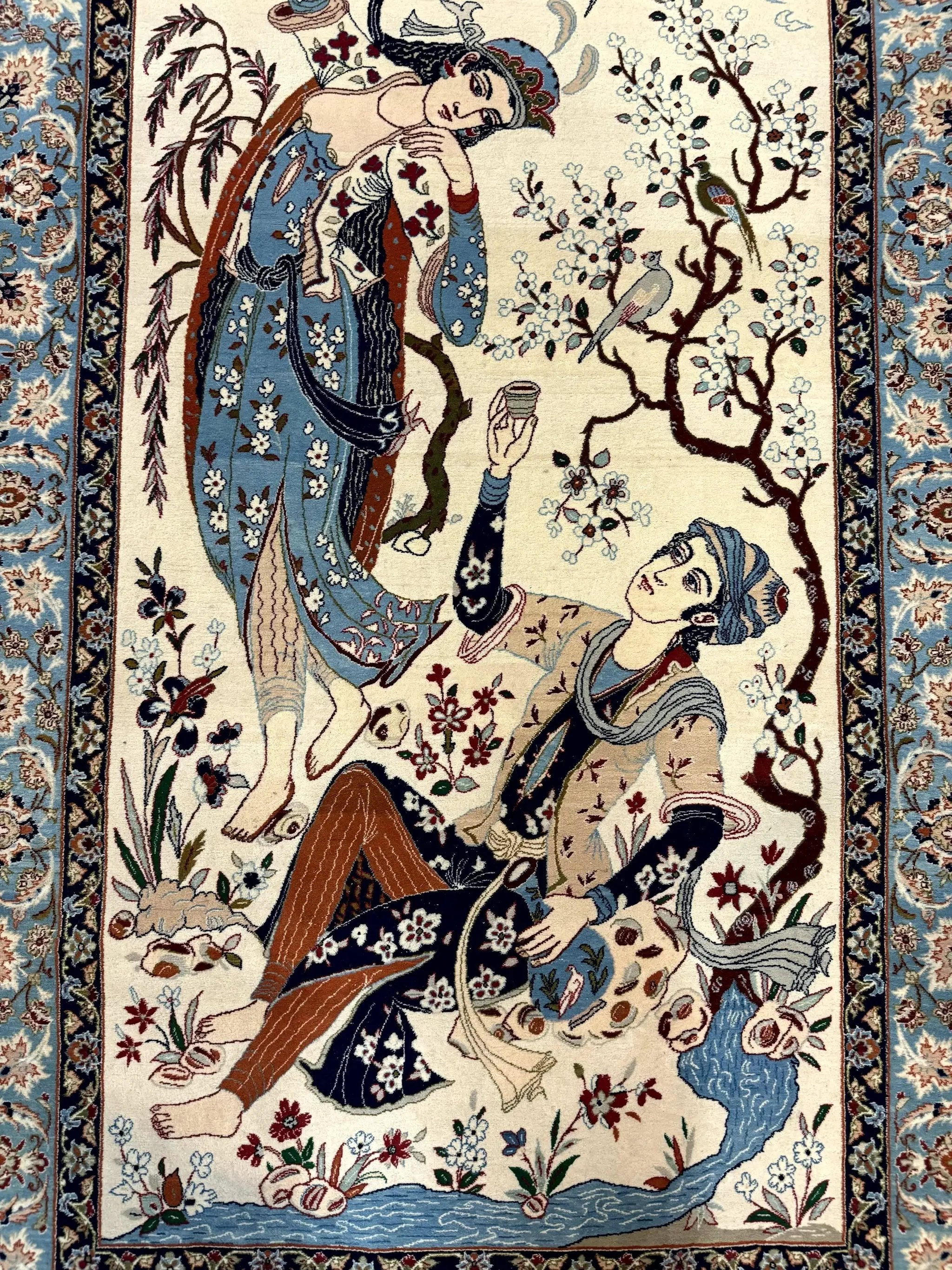 Persian Isfahan Pictorial Rug, Two Lovers, Kork Wool on Silk Foundation, Ivory and Light Blue, 500 KPSI Super Fine by Jewel Rugs
