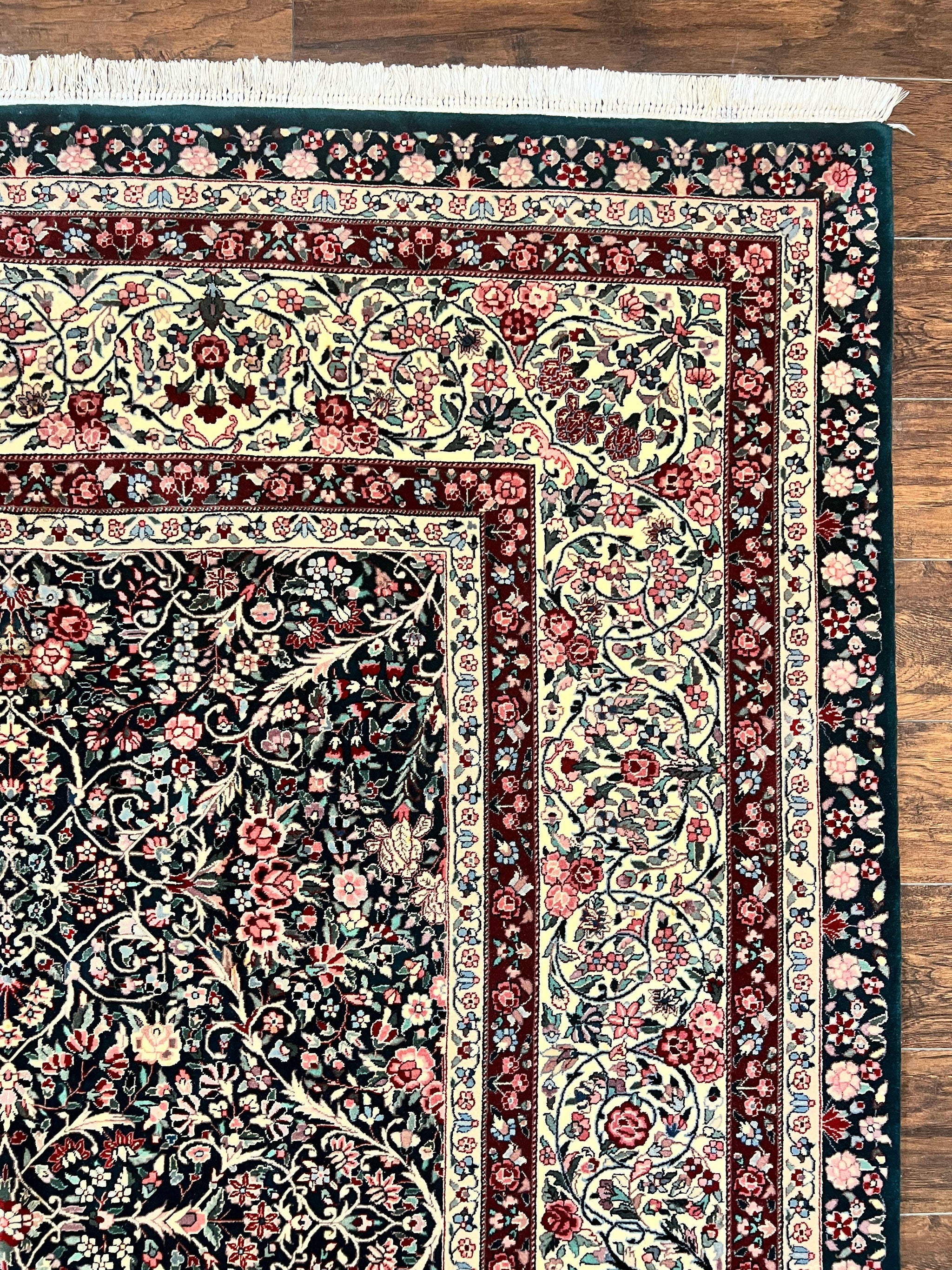 Large Sino Persian Rug 10x14, Wool Hand Knotted Vintage Carpet, Dark Green & Beige, Kirman Floral Rug, Fine Weave, Traditional, Large by Jewel Rugs