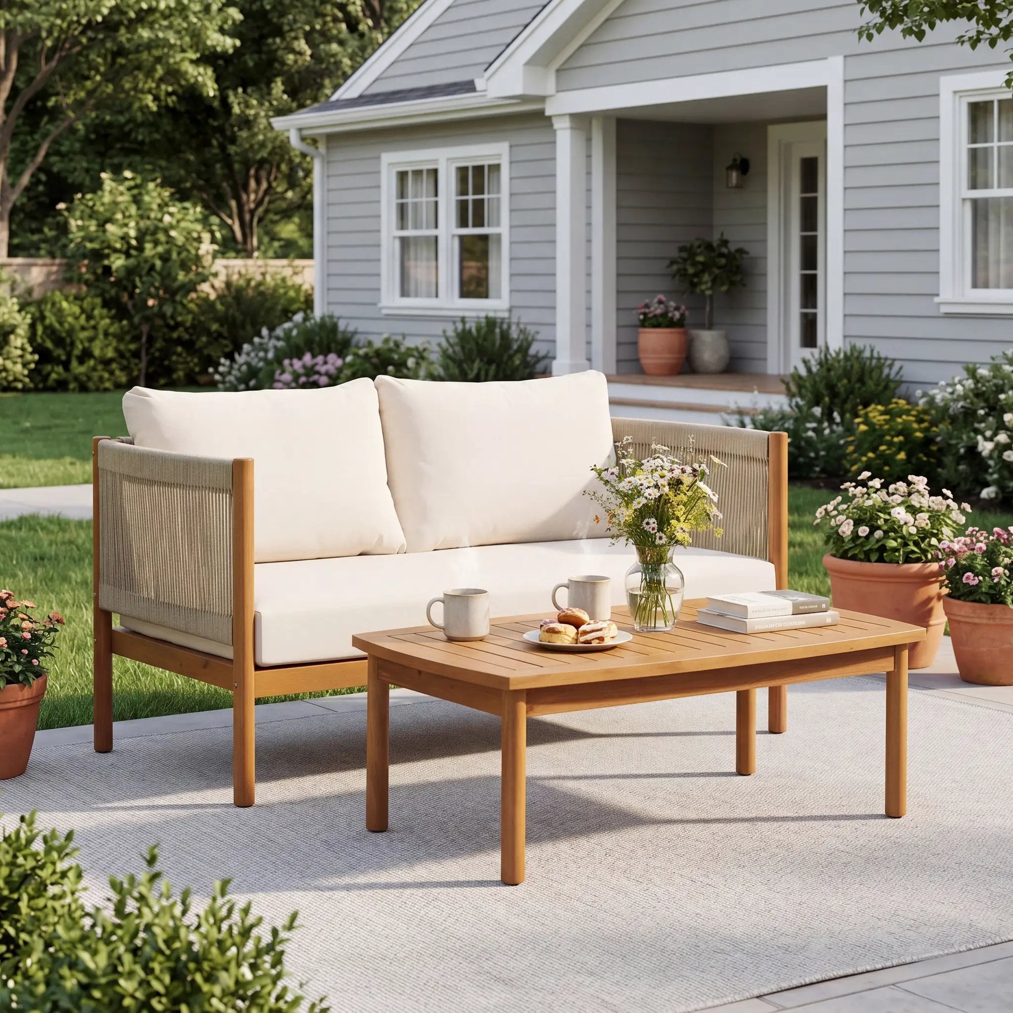 Outdoor Loveseat and Coffee Table Set with Acacia Wood Frame in Teak Look by HouseOfZazla