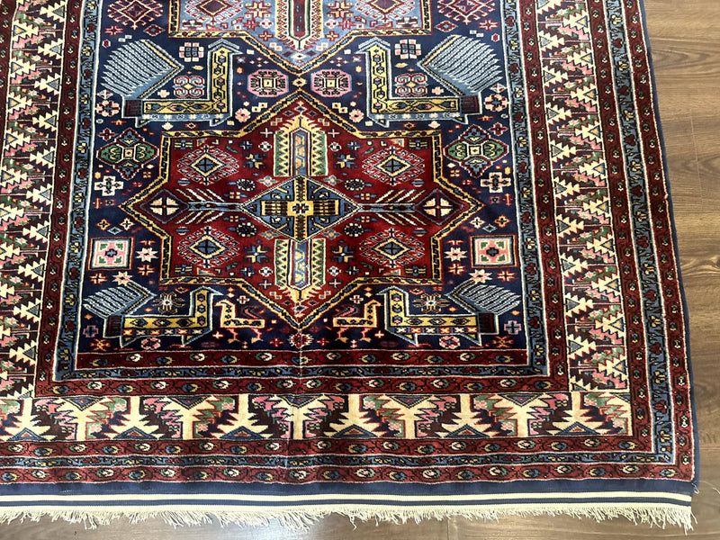 Indian Rug with Caucasian Design, 4x6 Geometric Carpet, Navy Blue and Cream by Jewel Rugs
