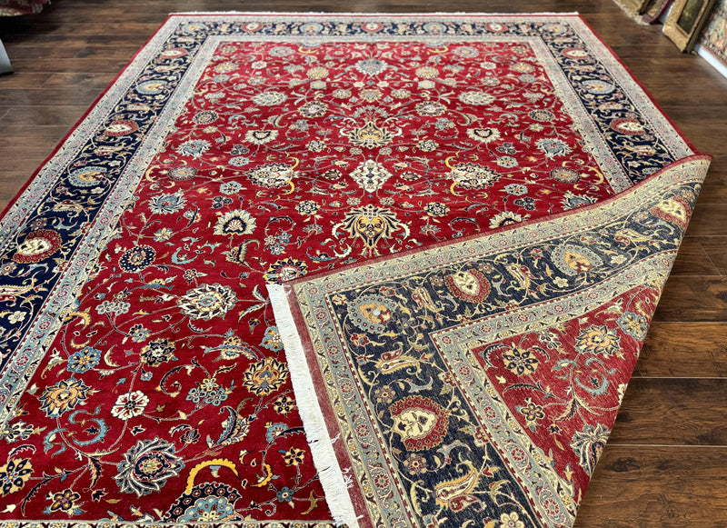 Pak Persian Rug 9x12, Red and Navy Blue, Floral Allover, Hand Knotted Vintage Wool Carpet, Fine 260 KPSI by Jewel Rugs