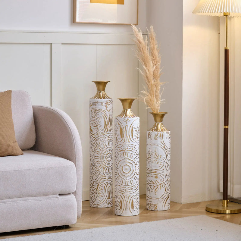 Floor Metal Vases Decorated Metal Vases (Set of 3) Gorgeous Home Decoration Large Glazed Metal Vases - White / Gold by HouseOfZazla