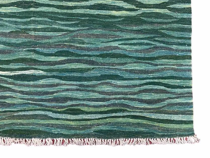 Sea Green Kilim Area Rug, White Blue Red Stripes, Russian Flag Rug, Flatweave Hand Knotted Carpet, Turkish Carpet, Wool, New, 5' 6" x 7' 10" by Jewel Rugs