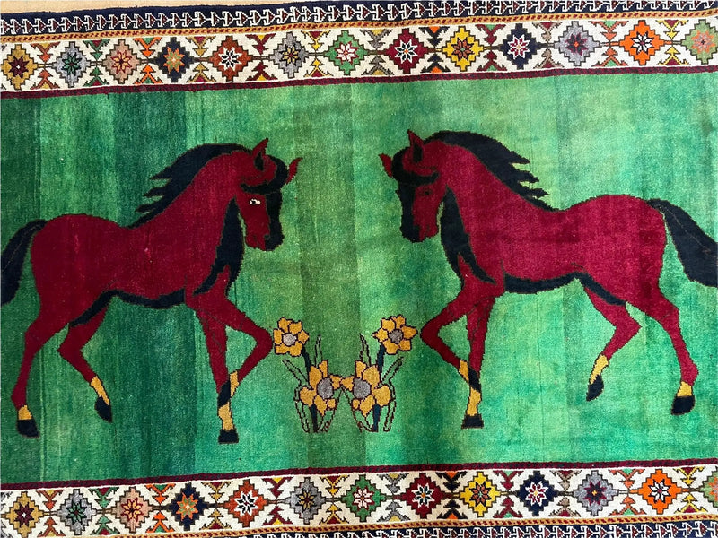 4 X 7 Handmade Rug Zagros Quality Wool Pictorial Horses Green Butterfly Colorful by Jewel Rugs