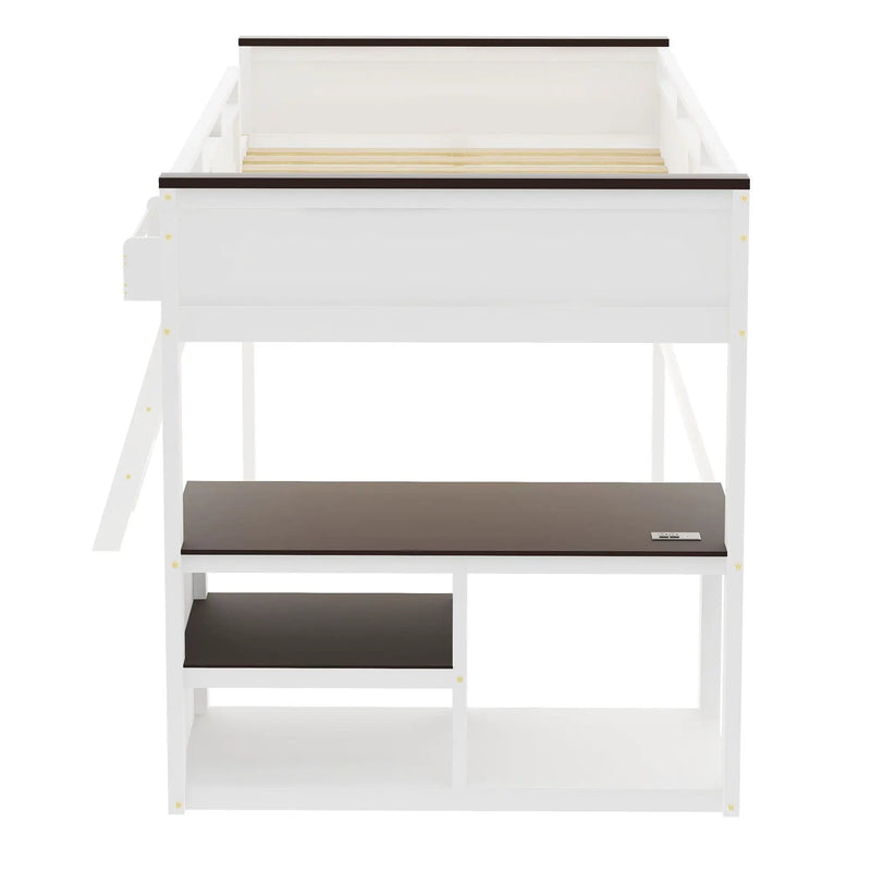 Queen Size Loft Bed With Desk, Open Shelf, Storage Box And USB Charging Station - White by Unique Piece Furniture