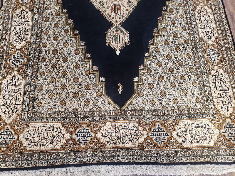 Persian Silk Qum Rug, Silk on Silk, Black Golden Brown and Beige, Hand-Knotted, 3'6" x 5' 5" by Jewel Rugs