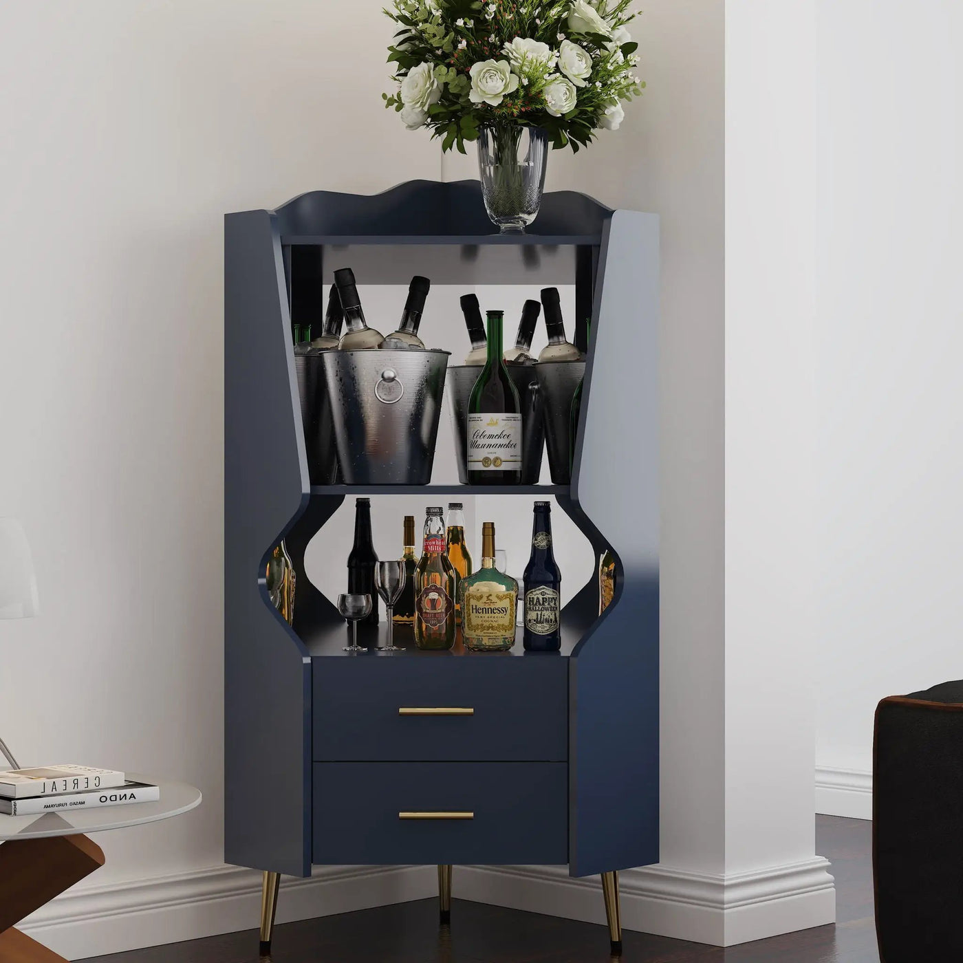 Corner Bar Cabinet With Mirrored Back, 2 Open Shelves & 2 Drawers by HouseOfZazla