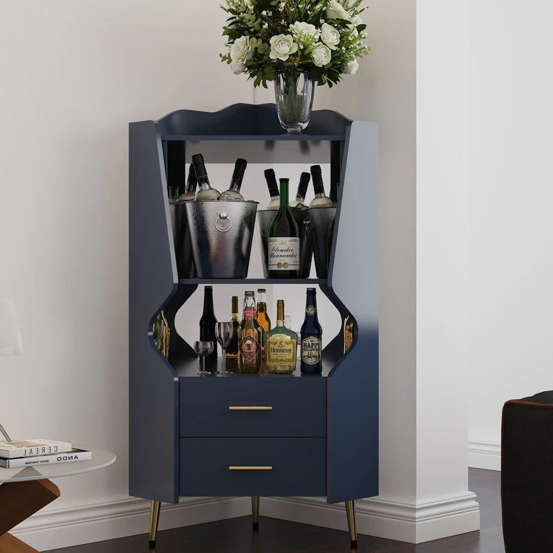 Corner Bar Cabinet With Mirrored Back, 2 Open Shelves & 2 Drawers by HouseOfZazla