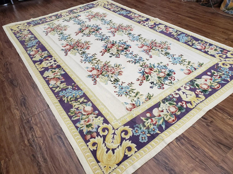 Vintage Chinese Floral Needlepoint Area Rug 6x9, Wool Hand-Woven Handmade Flatweave Rug, Ivory & Purple, Fruits Grapes Apples, Dining Room by Jewel Rugs