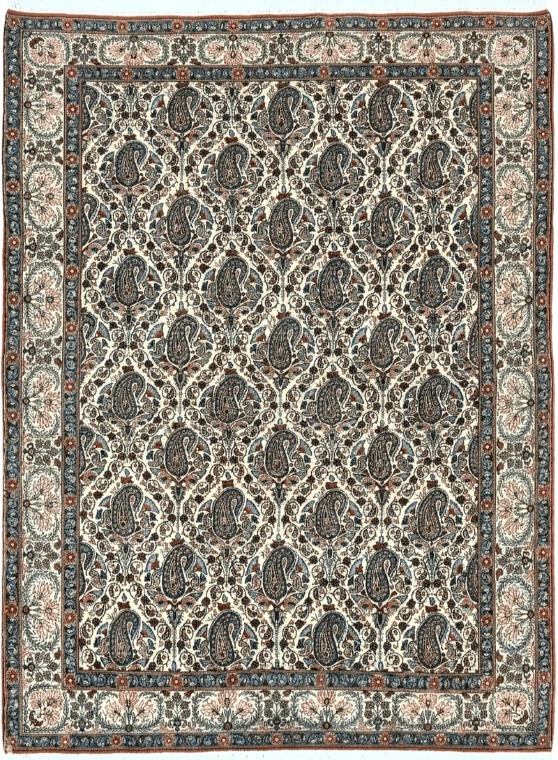 Persian Qum Rug 5x6, Cream Wool Hand Knotted Carpet, Repeated Boteh Paisely Design, Semi Antique Vintage Rug, Very Fine Weave 5 x 6 Rug by Jewel Rugs