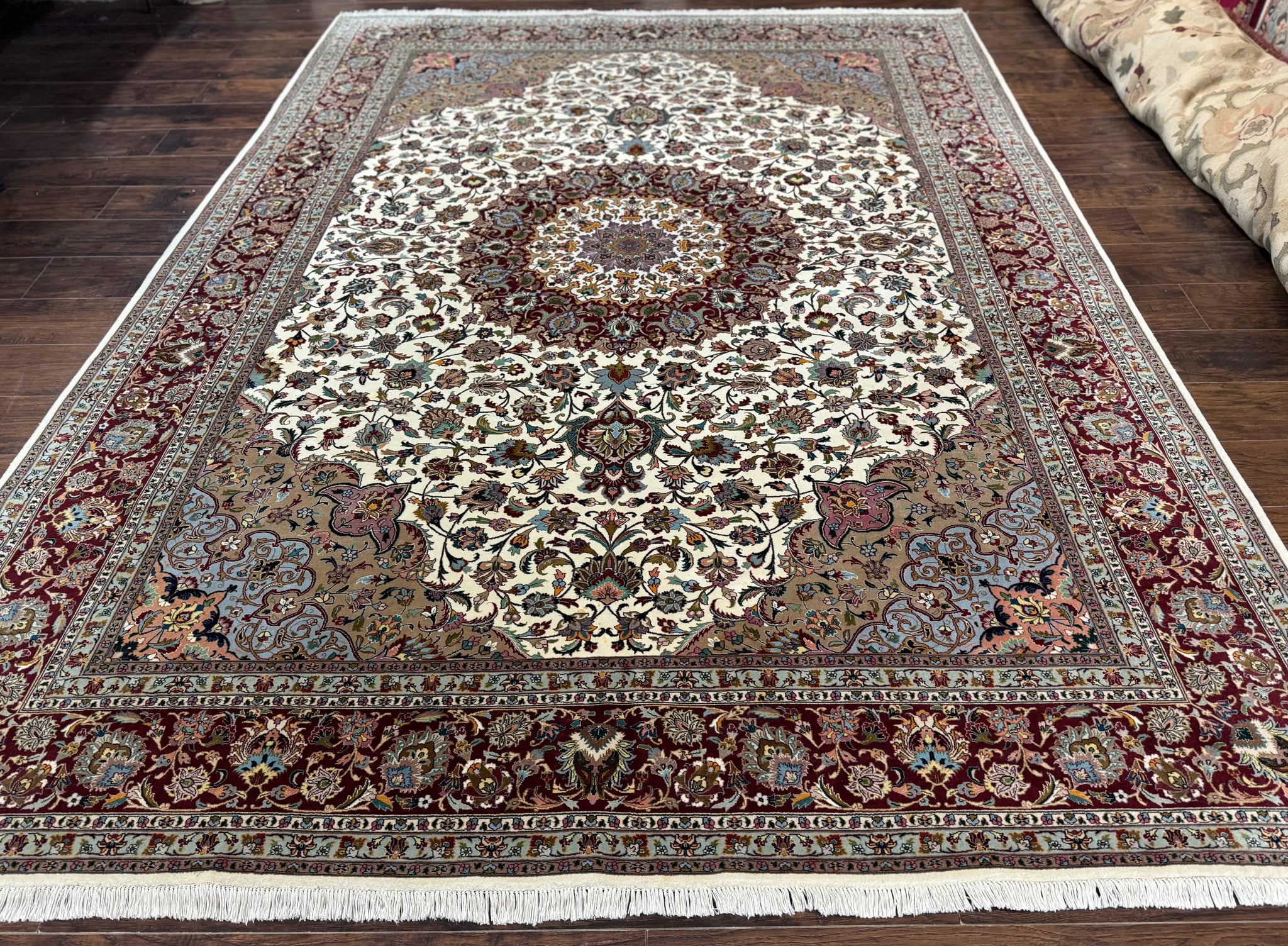 Persian Tabriz Rug 8x11, Floral Medallion Traditional Area Rug, Fine 300 KPSI, Ivory Maroon by Jewel Rugs