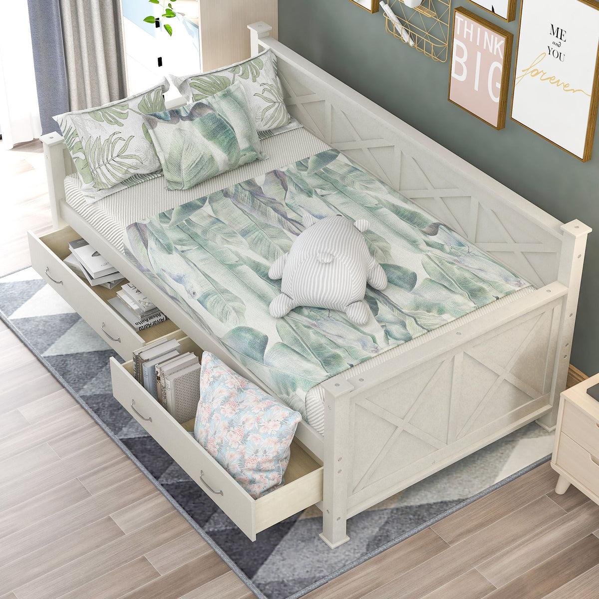 Modern Daybed with 2 Large Drawers and X Shaped Frame - Twin, Dark Gray or White, photo 8 of 28