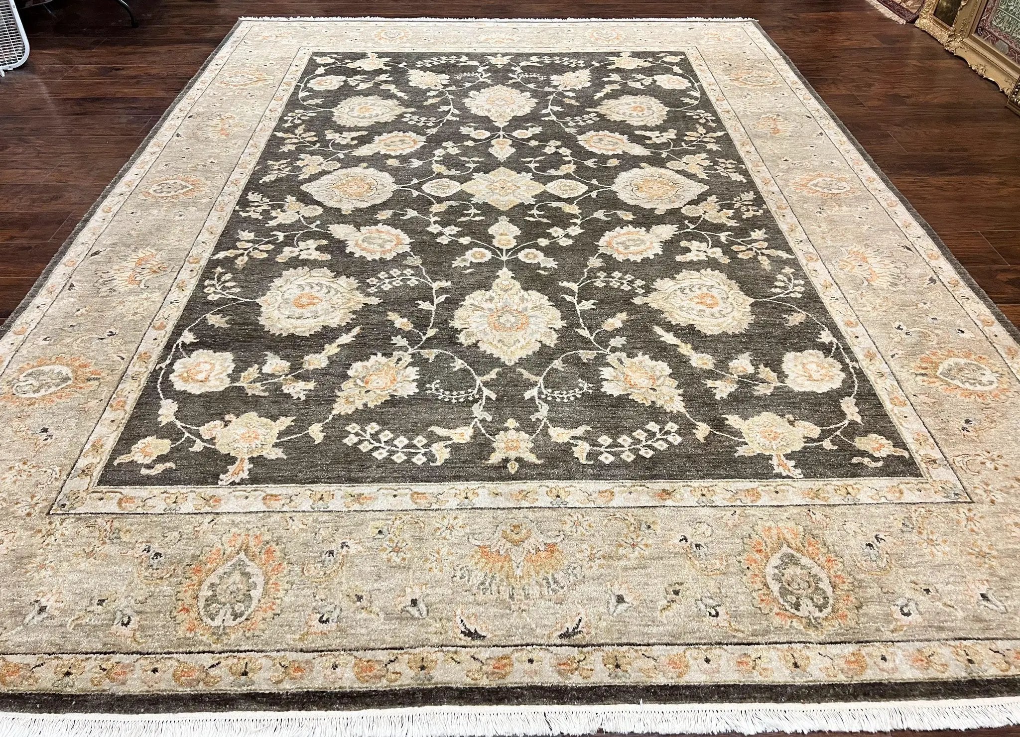 Indo Persian Rug 9x12, Sultanabad Indian Carpet, Dark Brown, Hand Knotted Vintage Wool Rug by Jewel Rugs