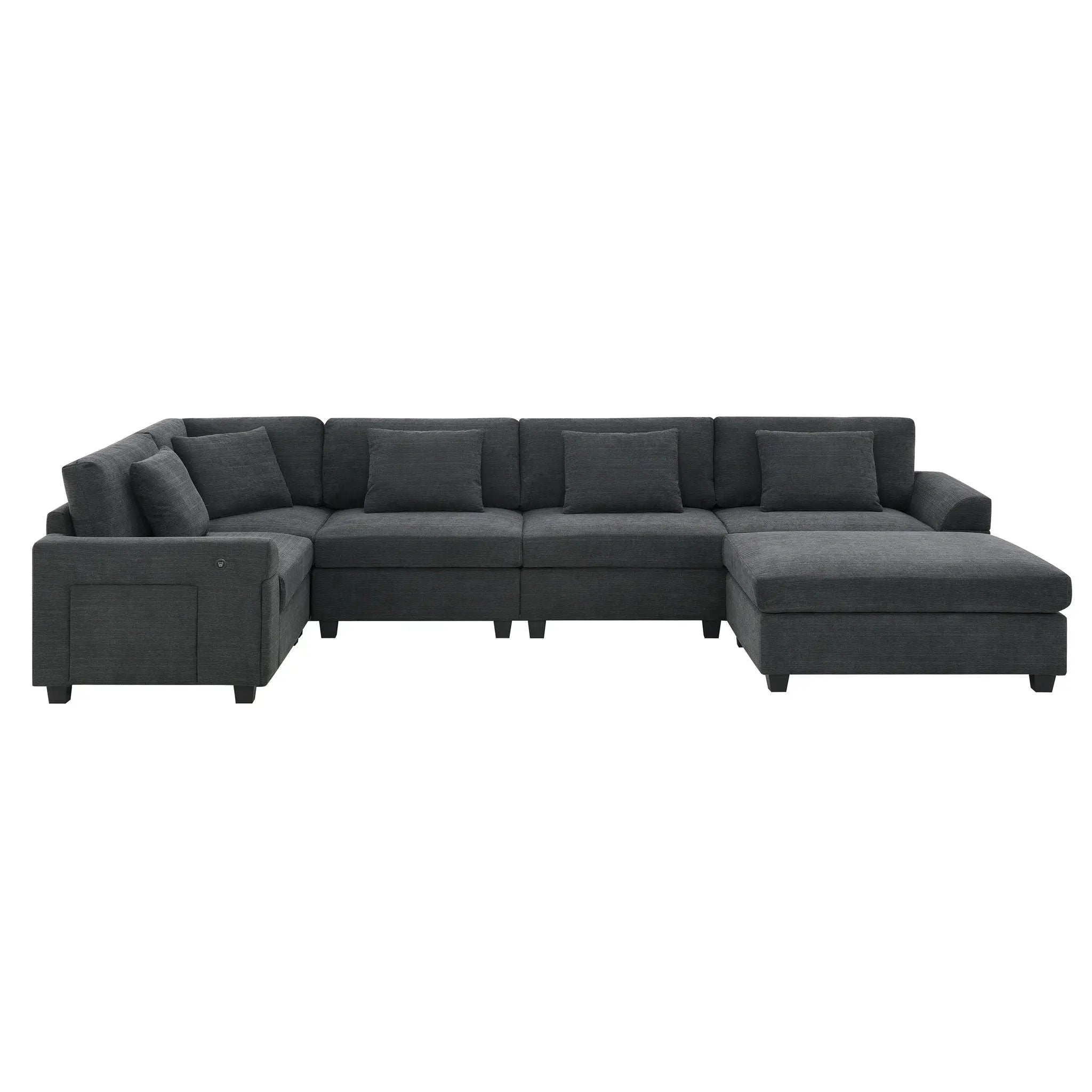 U Shaped Sectional Sofa 6 Seat Couch Set With Oversized Ottoman, Hidden Armrest Storage And Cup Holders USB Charging Ports Wide Seat Sofa by HouseOfZazla
