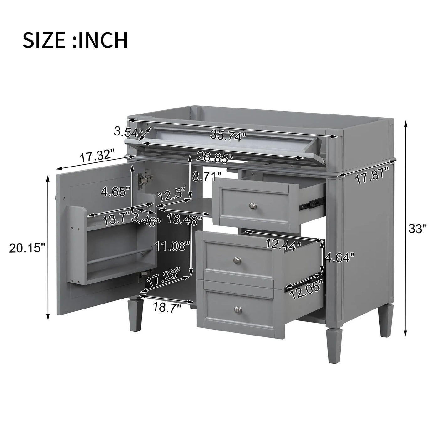 Bathroom Vanity With 2 Drawers And Tip-Out Drawer, Storage Cabinet by Unique Piece Furniture