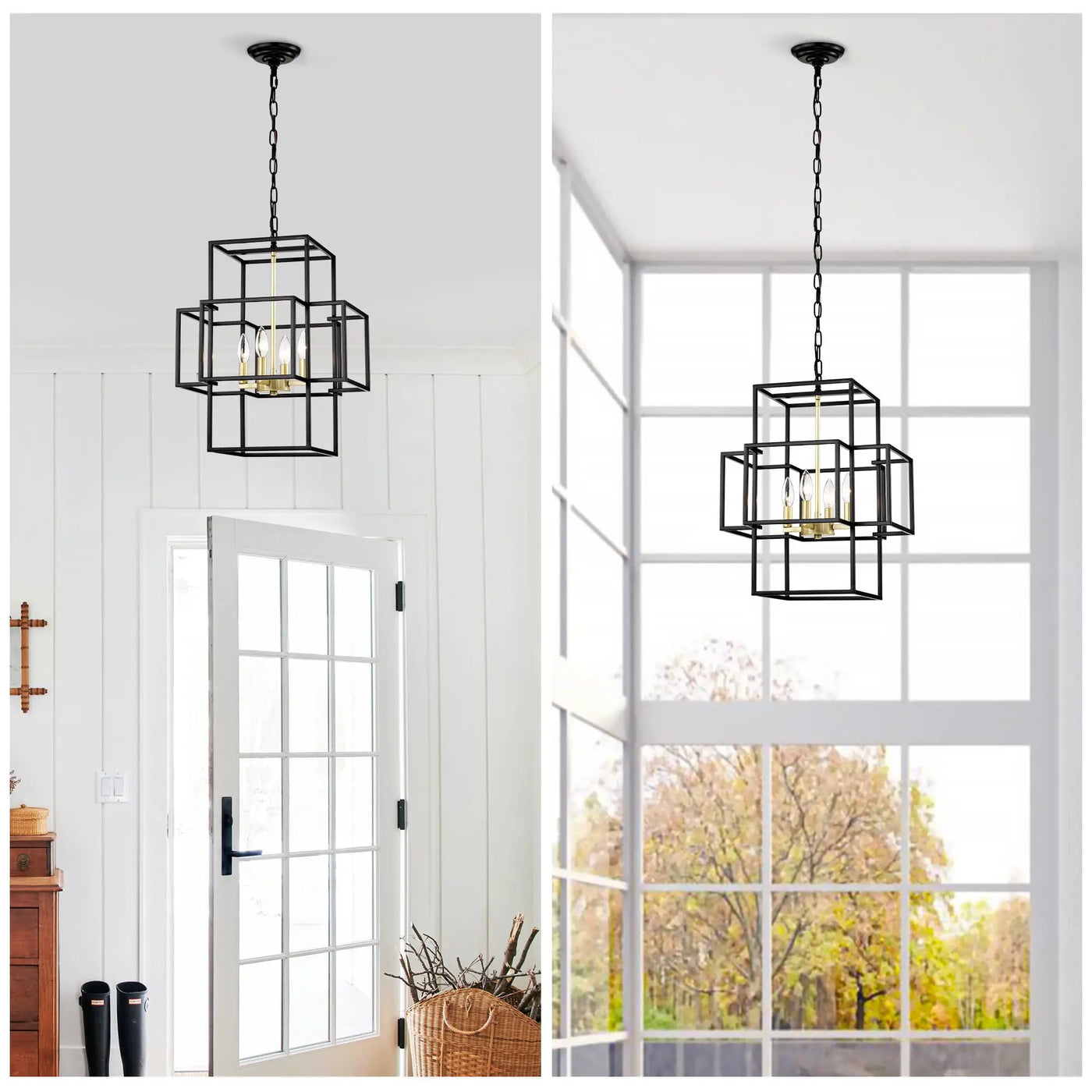 4 Light Metal Lantern Tiered Pendant Hanging Light Fixtures, Industrial Farmhouse Adjustable Height Chandeliers For Dining Room Hallway Foyer Entryway (E12 Bulbs Not Included) by HouseOfZazla