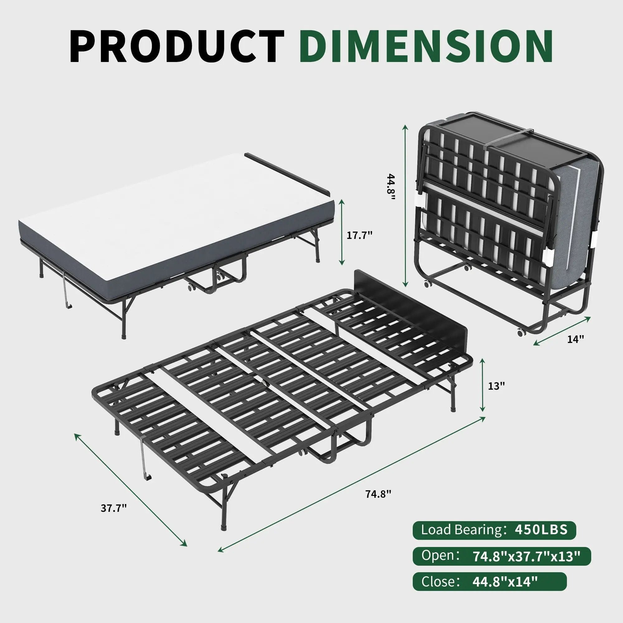Twin Folding Bed With Adjustable Headboard, Memory Foam For Tall People, Heavy-Duty Portable On Wheels, Easy Assembly - Black by Unique Piece Furniture