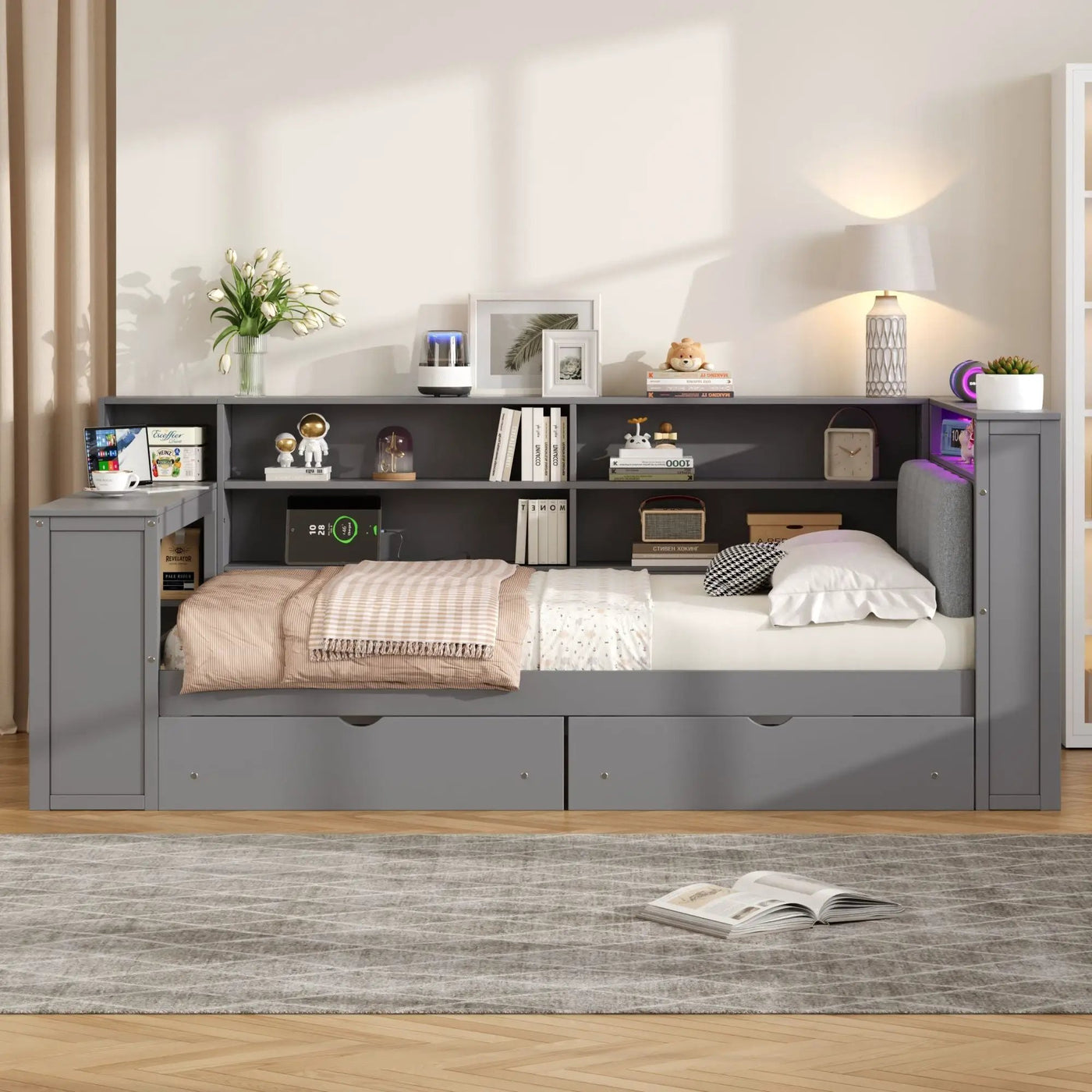 Platform Bed With Upholstered Headboard, Storage Shelves, Drawers, Charging Station, LED Lighting, Built In Desk by HouseOfZazla