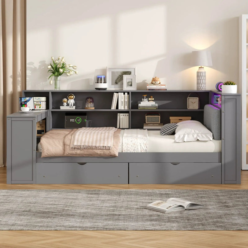 Platform Bed With Upholstered Headboard, Storage Shelves, Drawers, Charging Station, LED Lighting, Built In Desk by Unique Piece Furniture